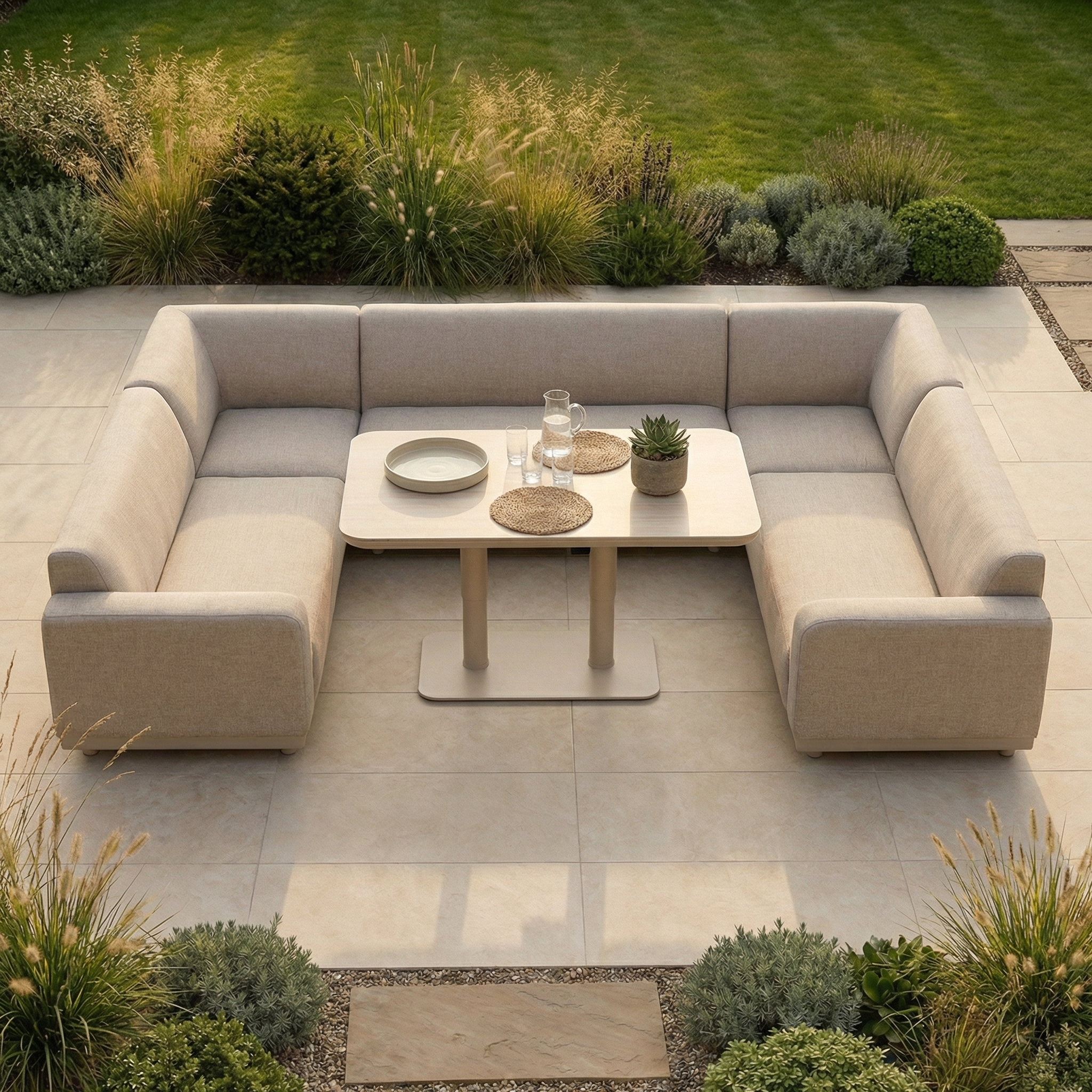 The Luna U-Shape Outdoor Fabric Sofa Set with Altura Rising Table in Fawn is a weather-resistant garden set, ideal for stylish outdoor relaxation on your patio among green grass and plants.