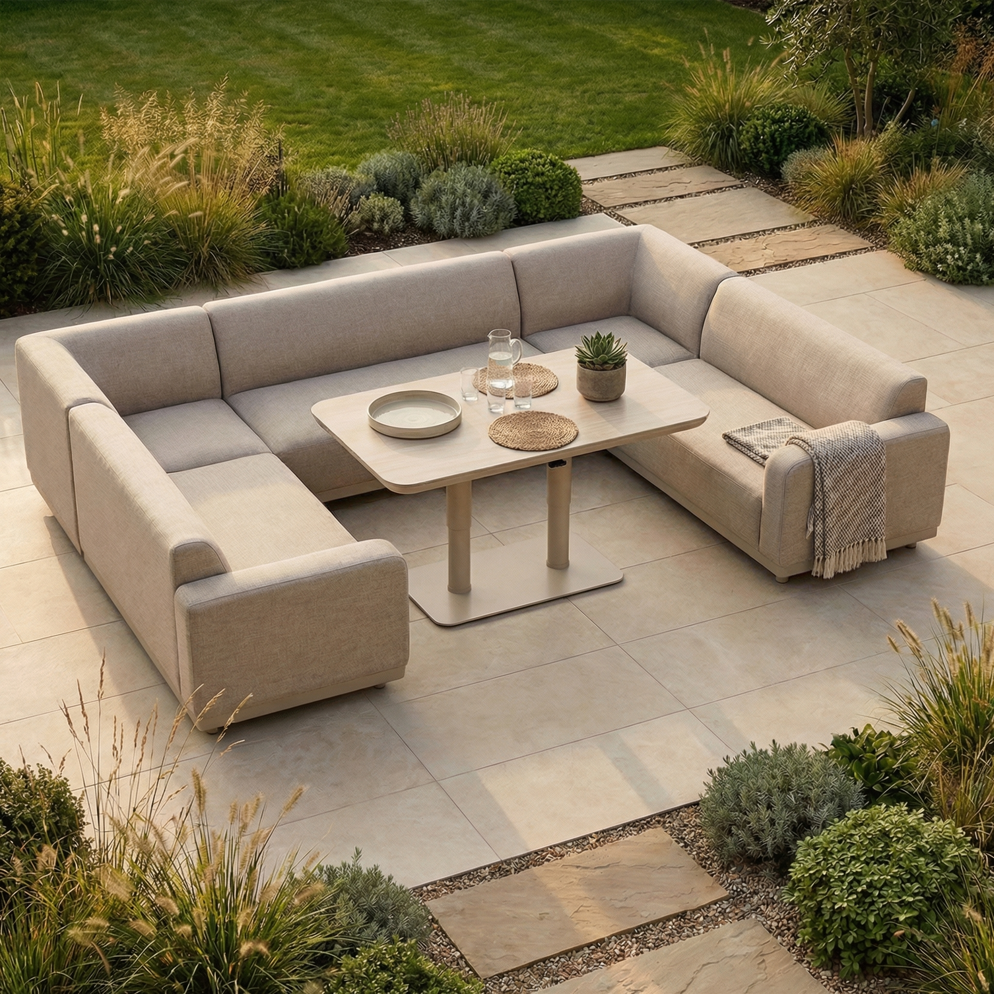 The Luna U-Shape Outdoor Fabric Sofa Set with Altura Rising Table in Fawn sits on a tiled patio amidst lush plants—stylish, weather-resistant garden furniture to enhance your outdoor oasis.