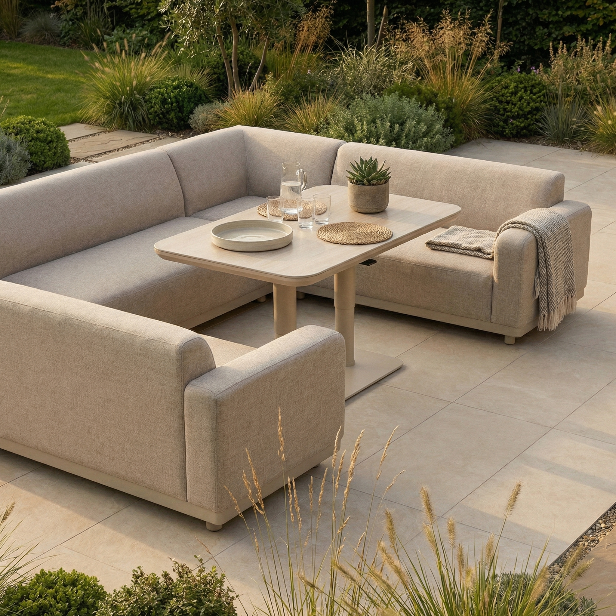The Luna U-Shape Outdoor Fabric Sofa Set with Altura Rising Table in Fawn offers weather-resistant comfort and a hydraulic rising table, perfect for relaxing on a tiled patio among lush green plants.