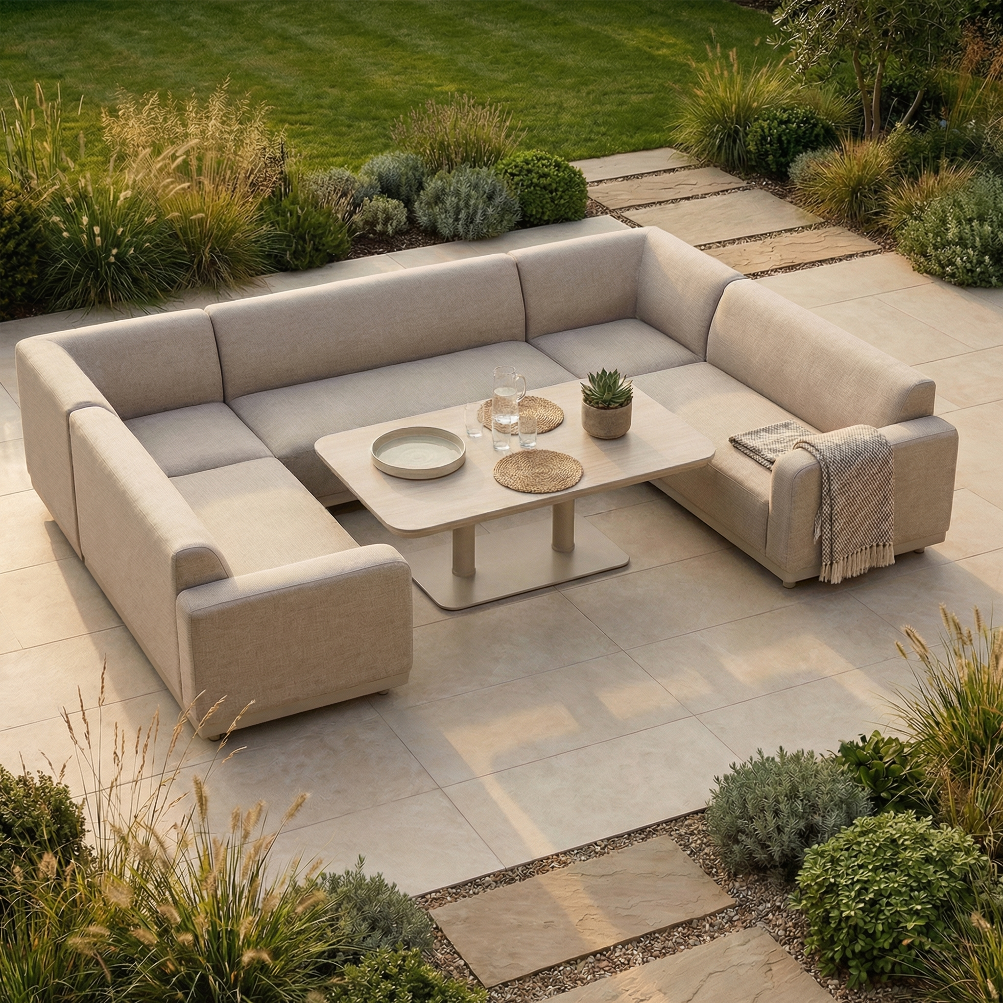 Luna U-Shape Outdoor Fabric Sofa Set in Fawn with Altura Rising Table on a stone patio, surrounded by green plants and grass.