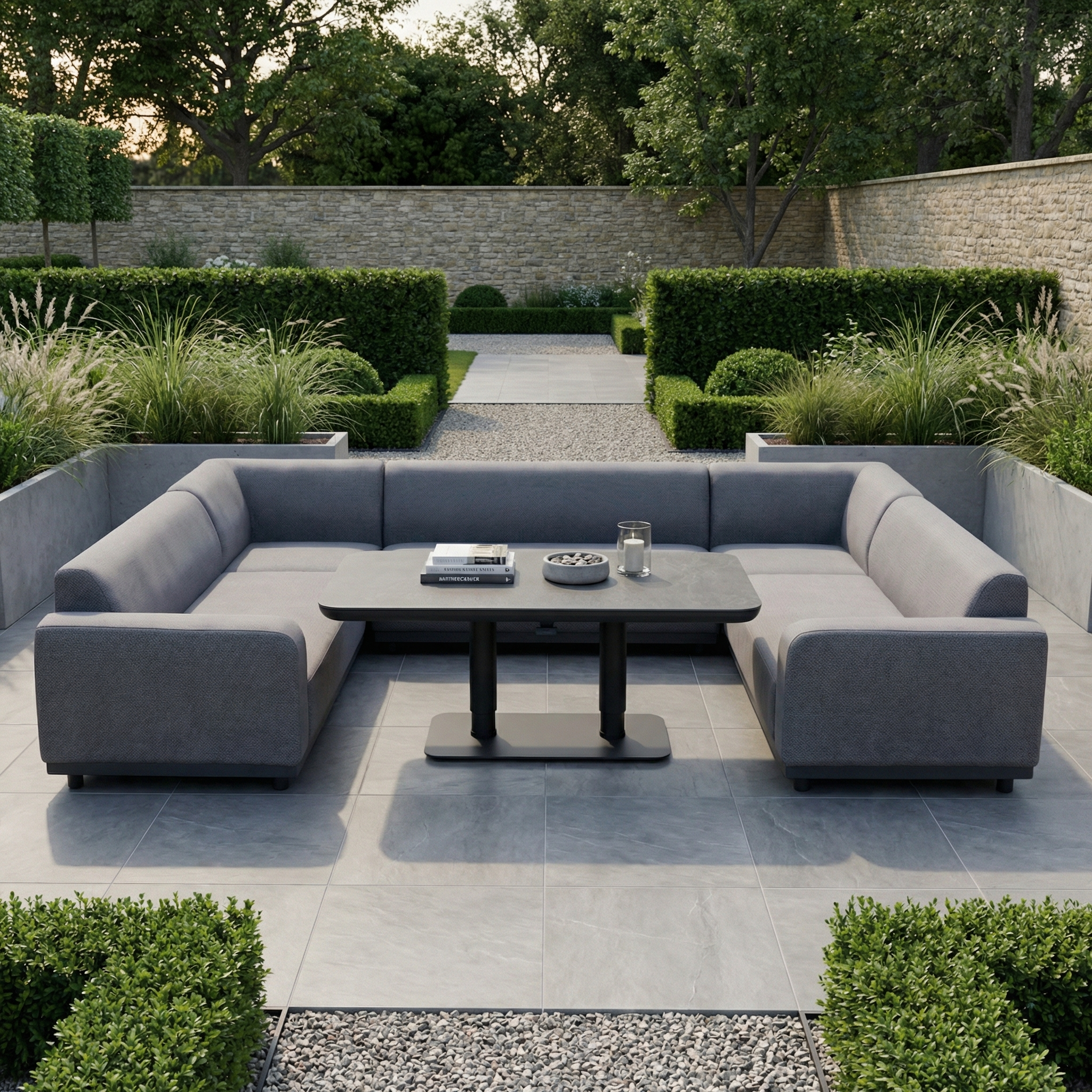 The Luna U-Shape Outdoor Fabric Sofa Set with Altura Rising Table in Grey features a durable aluminium frame and modern design, ideal for landscaped gardens with greenery and stone paths.