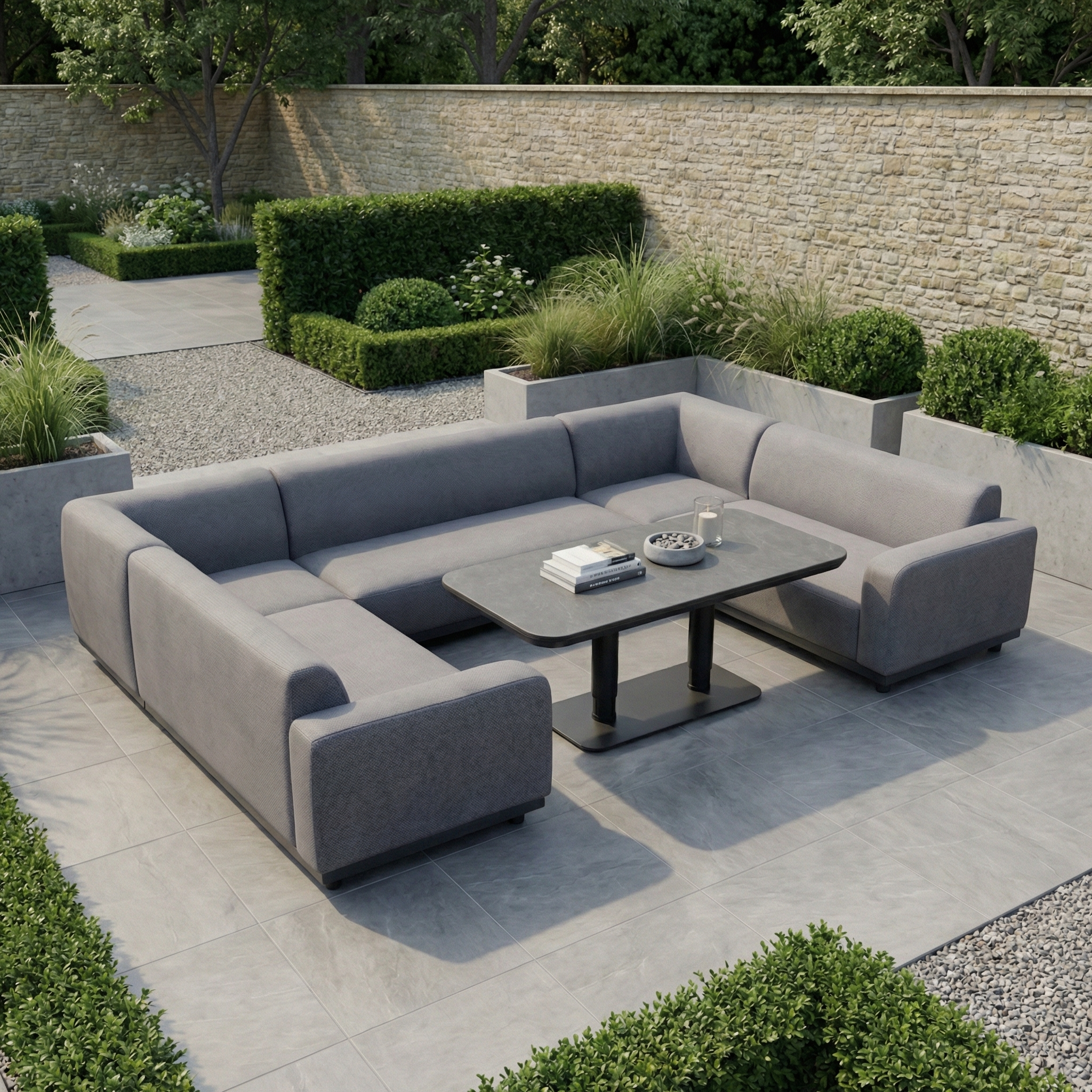 The Luna U-Shape Outdoor Fabric Sofa Set with Altura Rising Table in Grey features a durable aluminum frame and solution-dyed acrylic fabric, perfect for stylish outdoor living on a neatly landscaped patio.