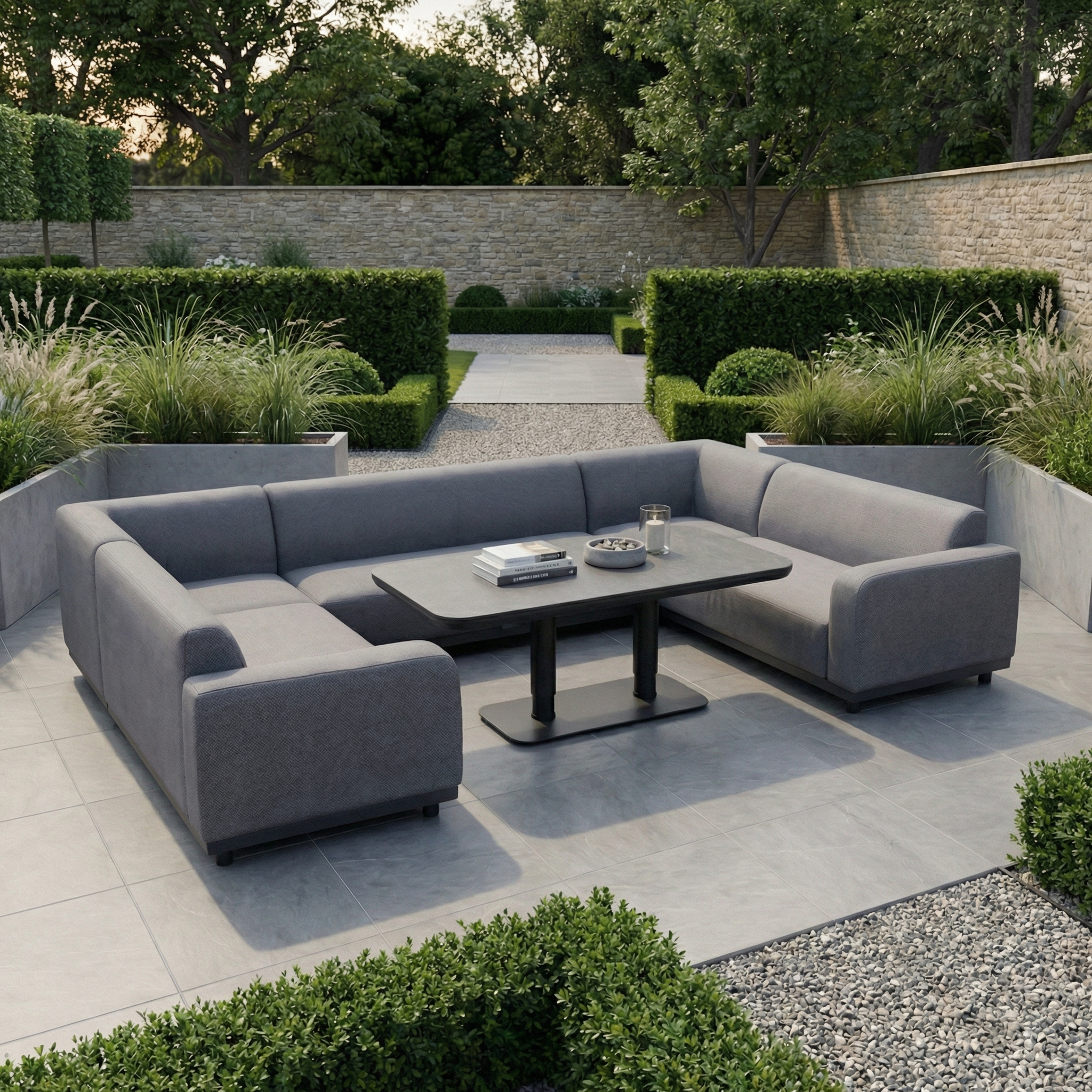 The Luna U-Shape Outdoor Fabric Sofa Set with Altura Rising Table in Grey features a durable frame and rectangular table, perfect for your patio surrounded by greenery and hedges.