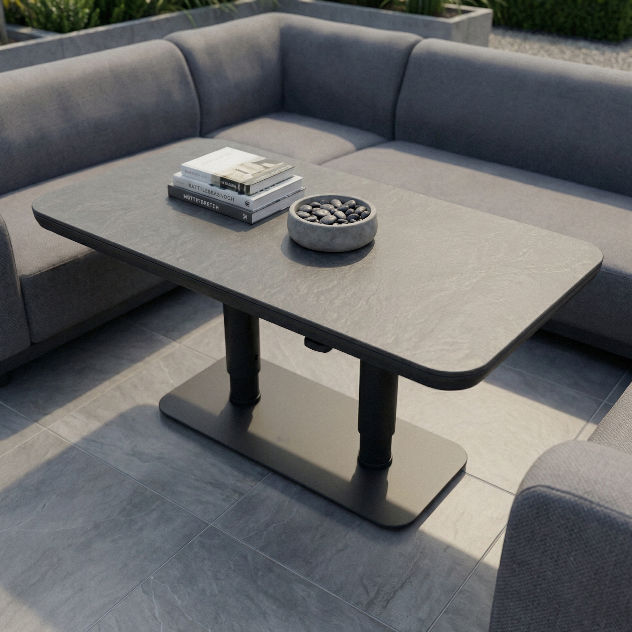 The Luna U-Shape Outdoor Fabric Sofa Set with Altura Rising Table in Grey features a durable aluminium frame, comfy gray sofas, and a stylish table—ideal for creating a contemporary and inviting patio garden space.