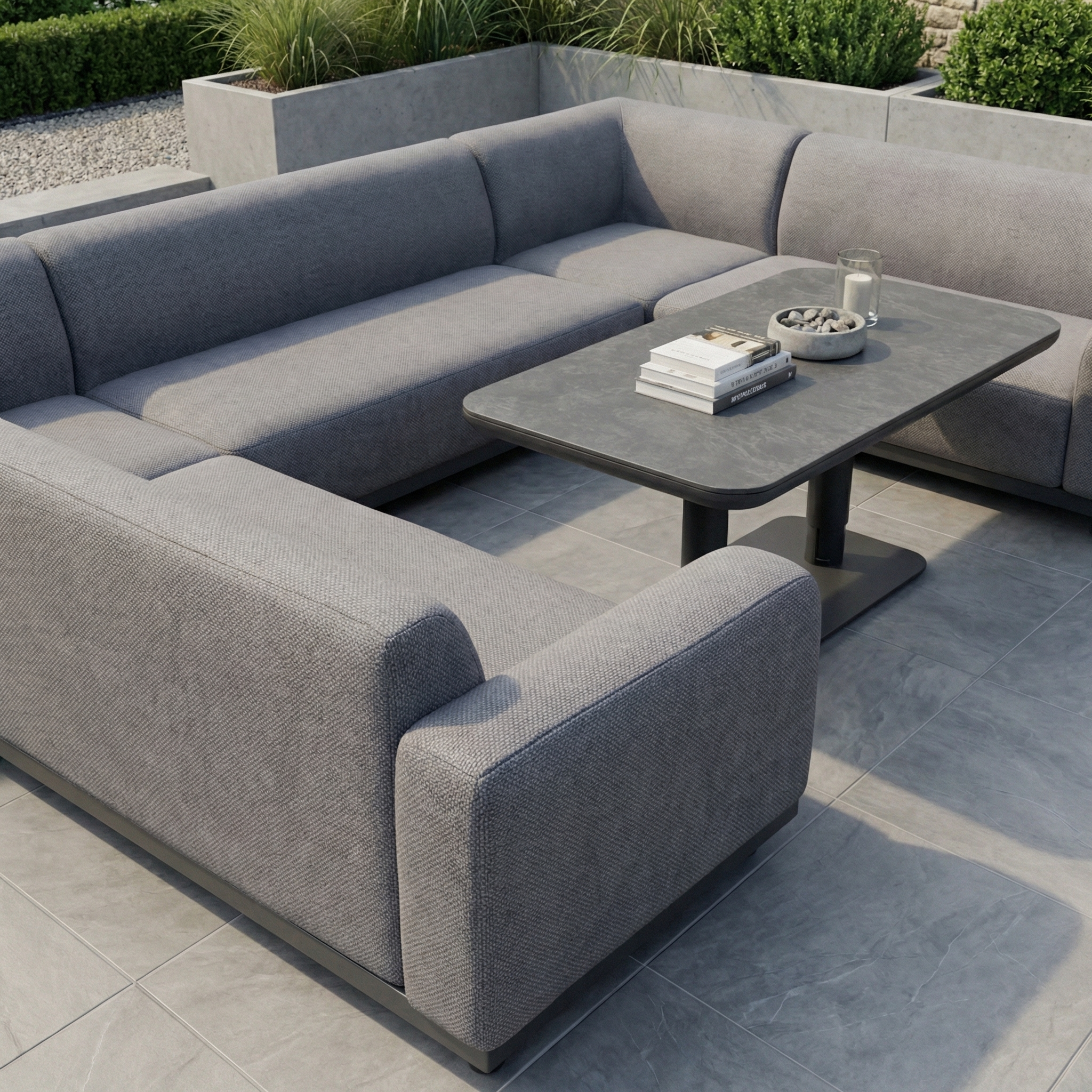 The Luna U-Shape Outdoor Fabric Sofa Set with Altura Rising Table in Grey features a durable aluminum frame and solution-dyed acrylic fabric, offering stylish, weather-resistant seating for your garden or patio.