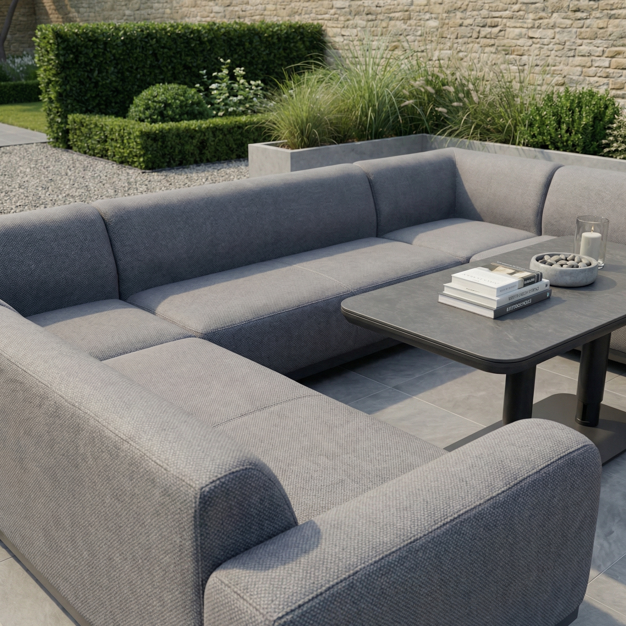 The Luna U-Shape Outdoor Fabric Sofa Set with Altura Rising Table in Grey features a durable aluminium frame and solution-dyed acrylic fabric, ideal for stylish outdoor lounging on a stone patio surrounded by greenery.