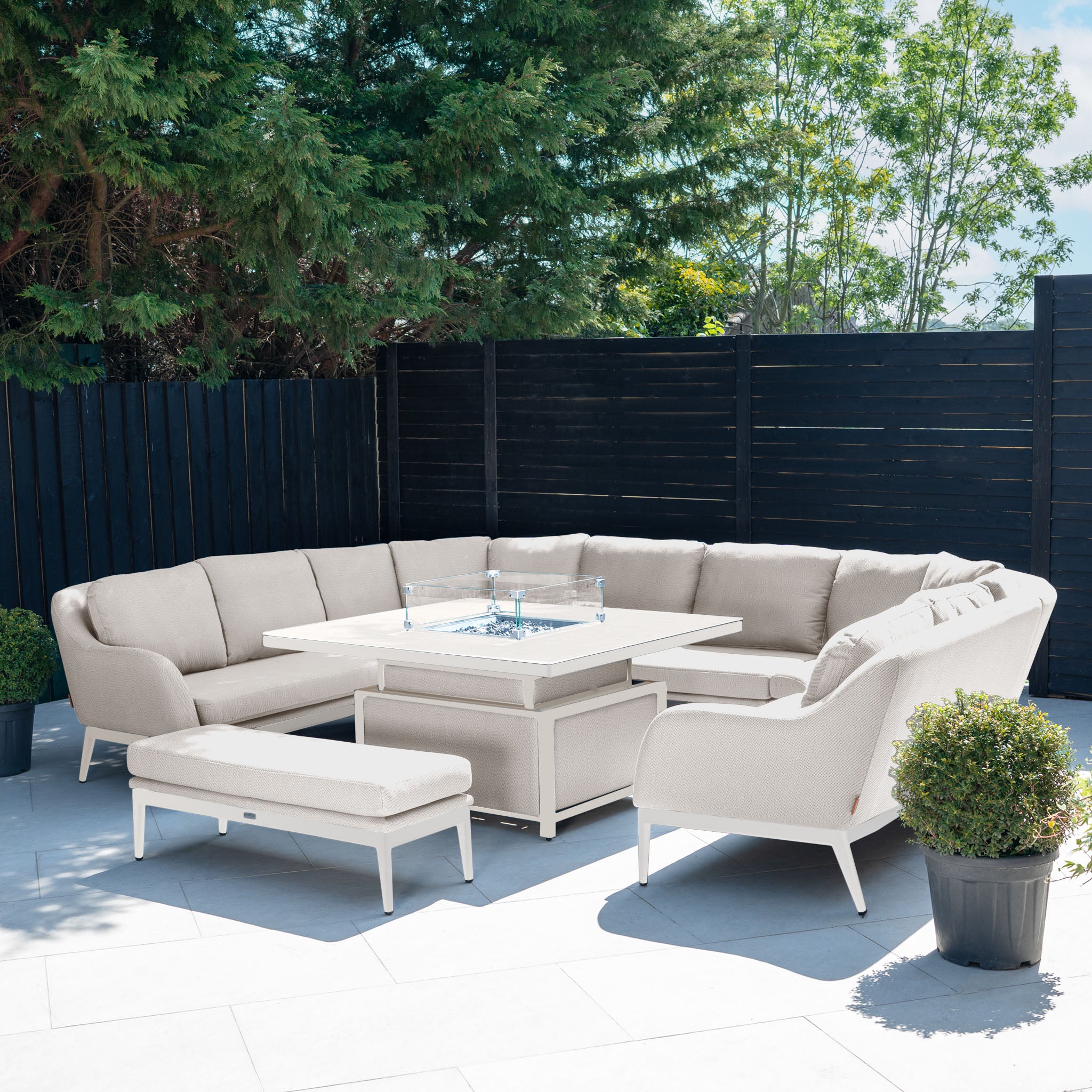 Luna U-Shape Outdoor Fabric Corner Dining with Rising Firepit Table in Fawn