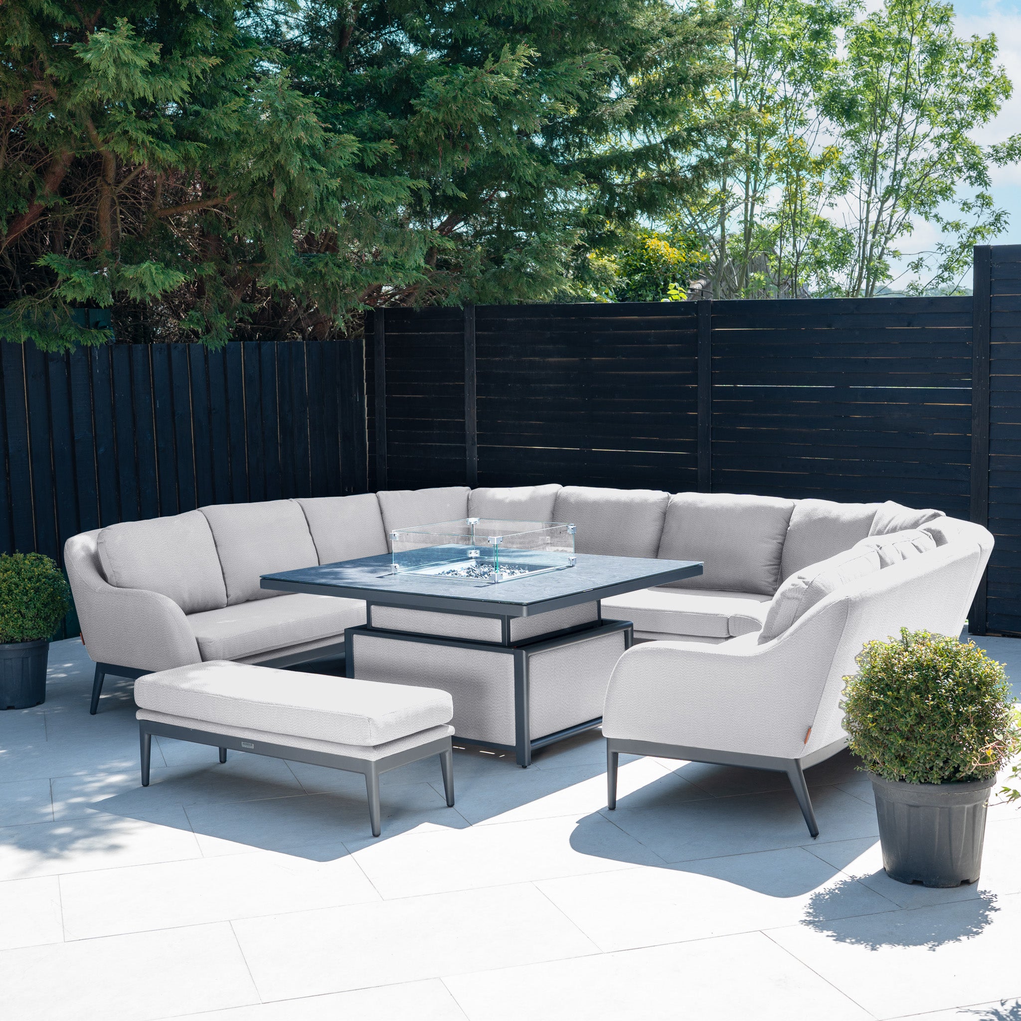 Luna U-Shape Outdoor Fabric Corner Dining with Rising Firepit Table in Oyster Grey