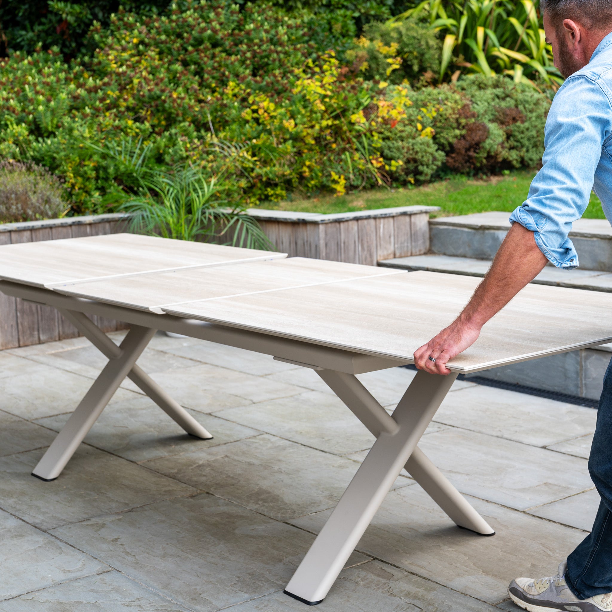 Luna 8 Seat Outdoor Fabric Dining Set with Albatross Extending Table in Fawn