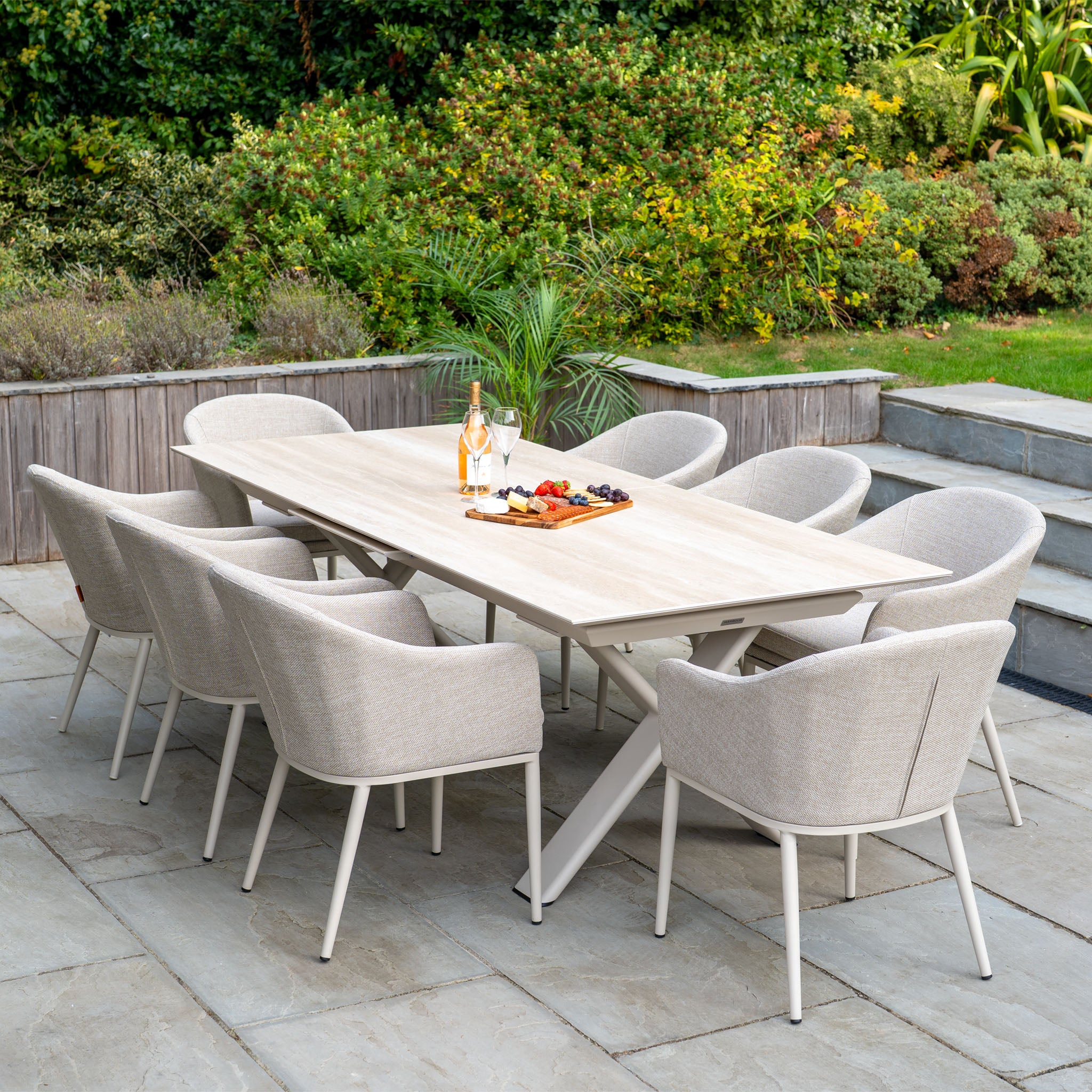 Luna 8 Seat Outdoor Fabric Dining Set with Albatross Extending Table in Fawn