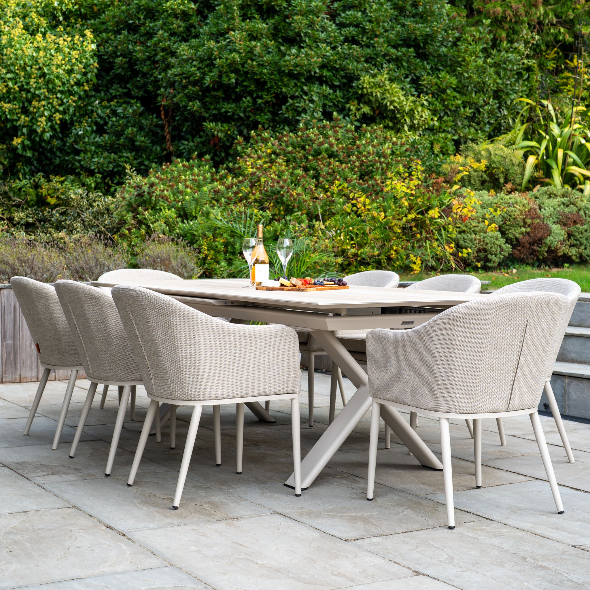 Luna 8 Seat Outdoor Fabric Dining Set with Albatross Extending Table in Fawn