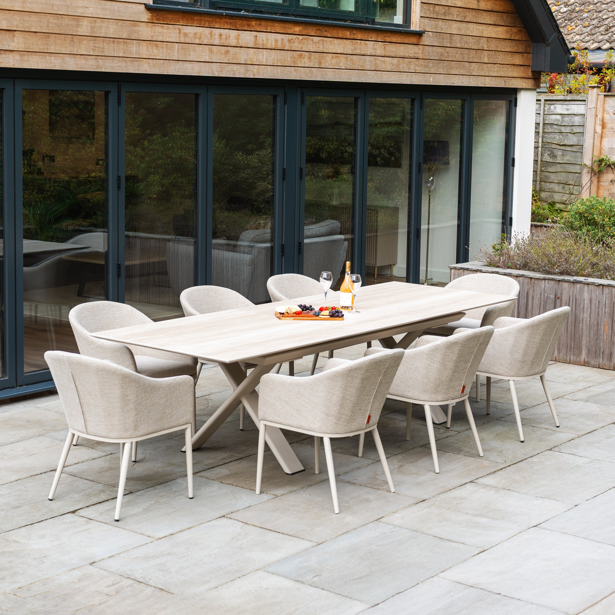Luna 8 Seat Outdoor Fabric Dining Set with Albatross Extending Table in Fawn