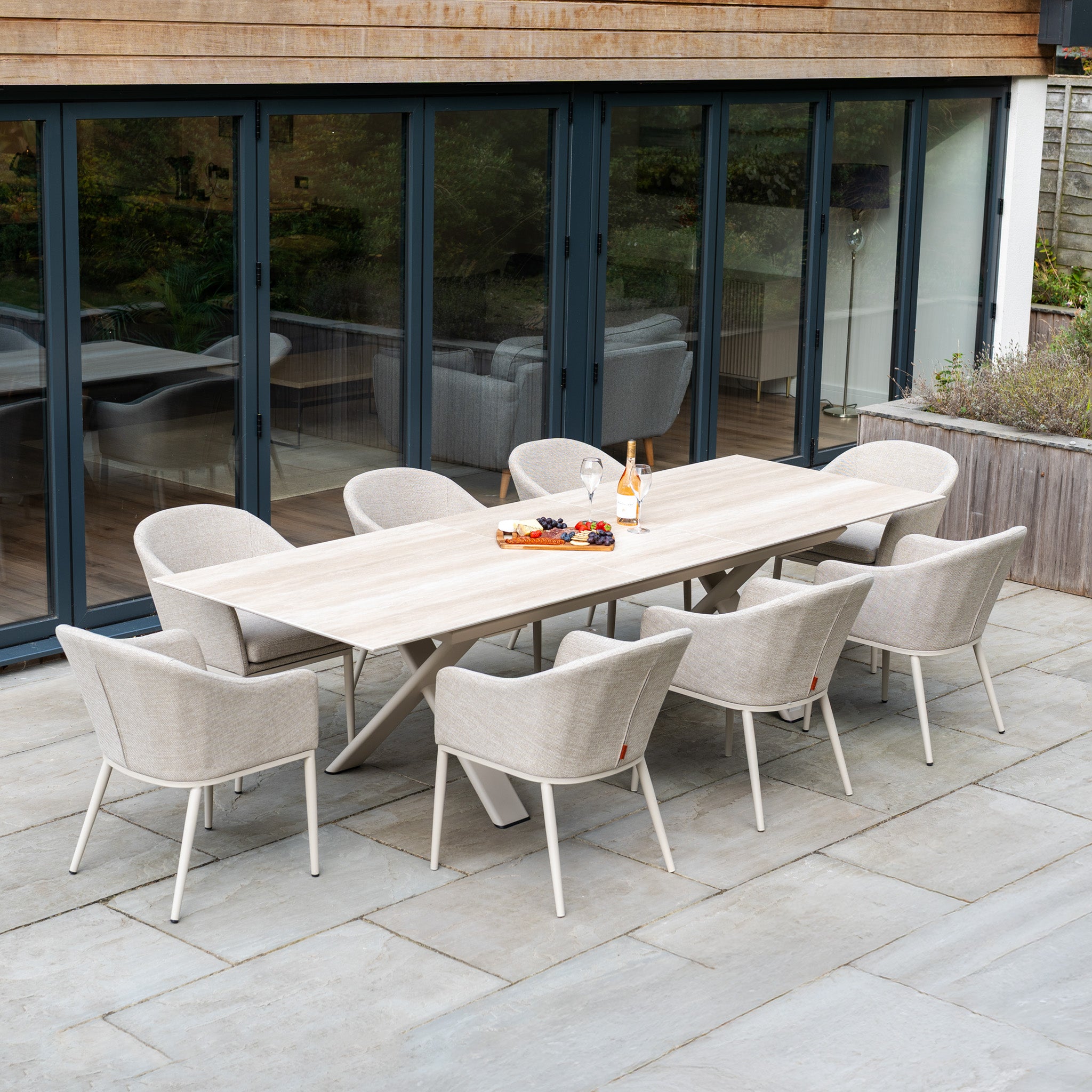 Luna 8 Seat Outdoor Fabric Dining Set with Albatross Extending Table in Fawn