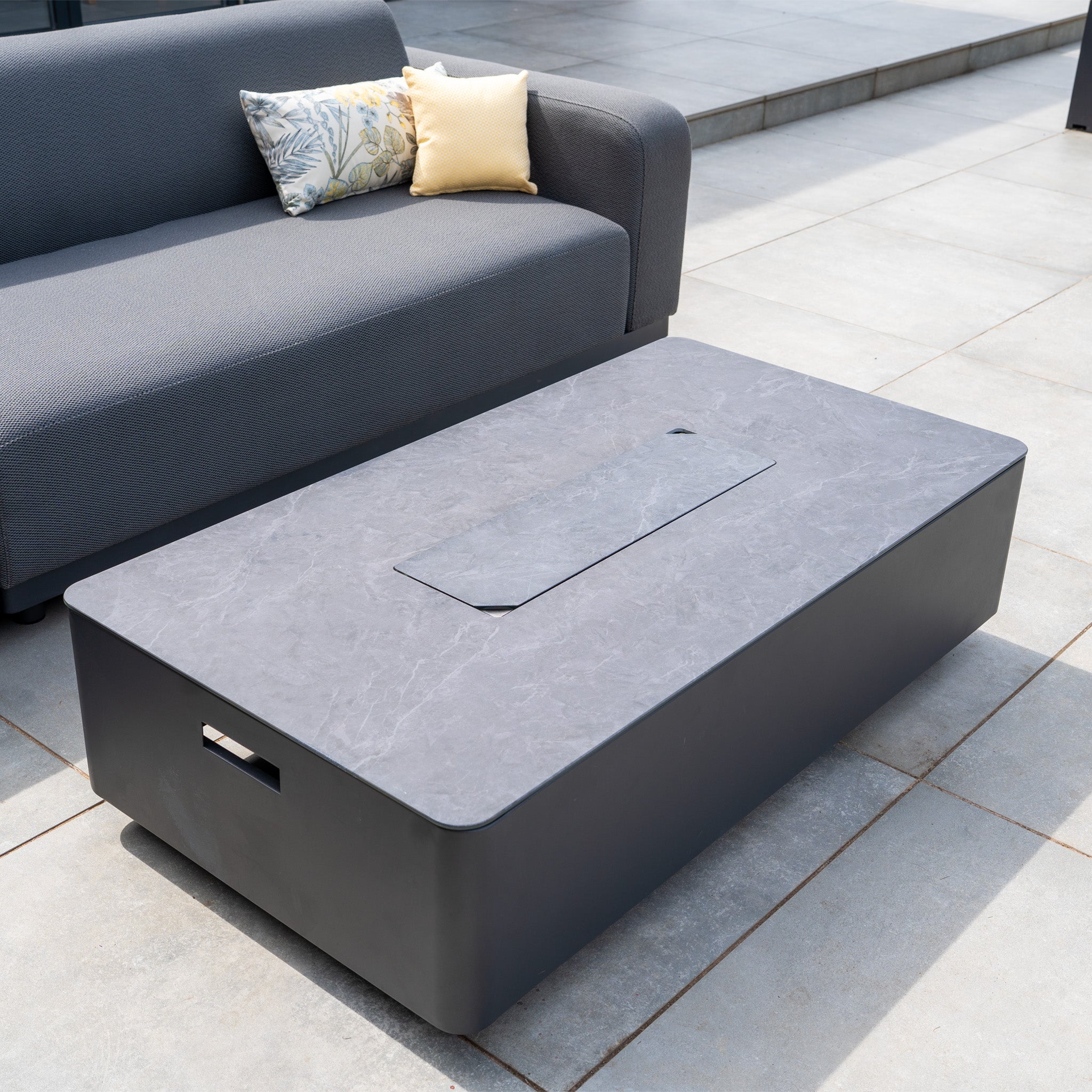 Luna Outdoor Fabric Corner Sofa Set with Firepit Coffee Table in Grey