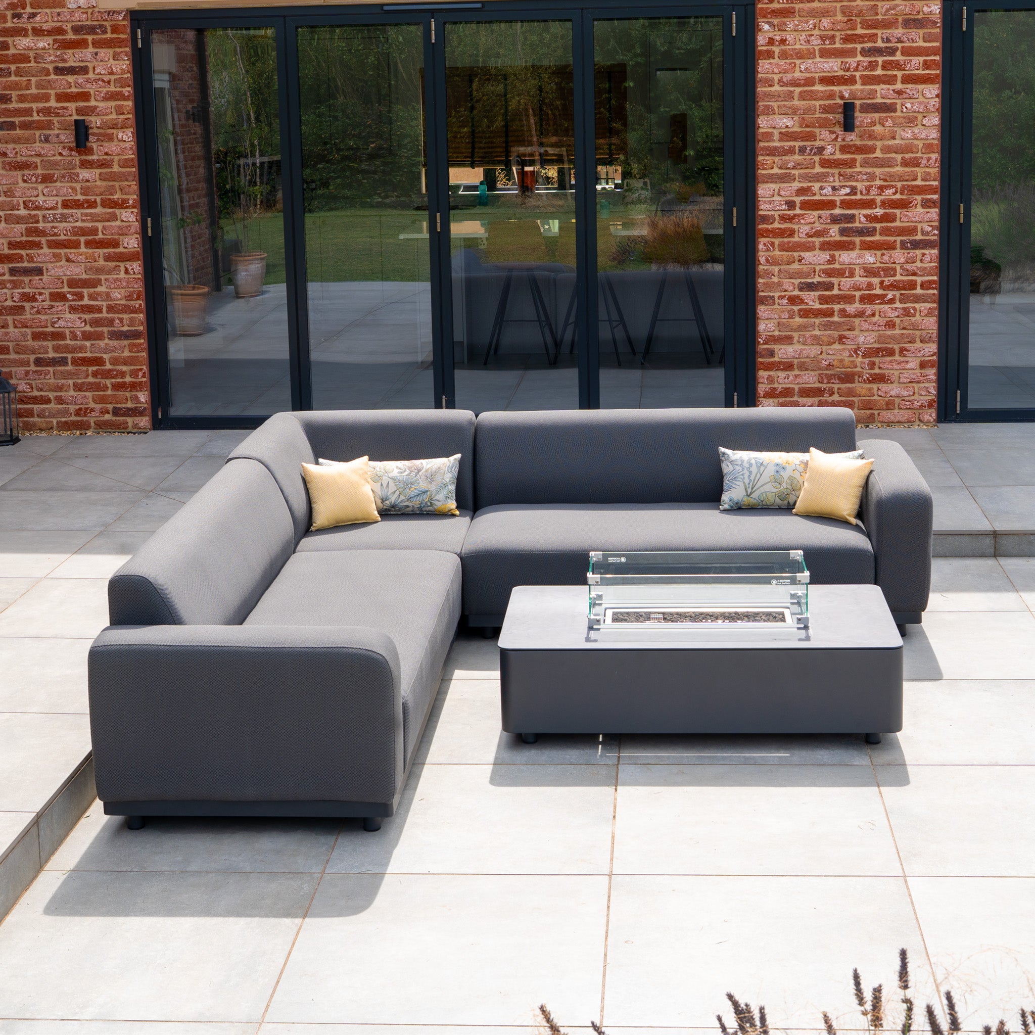 Luna Outdoor Fabric Corner Sofa Set with Firepit Coffee Table in Grey