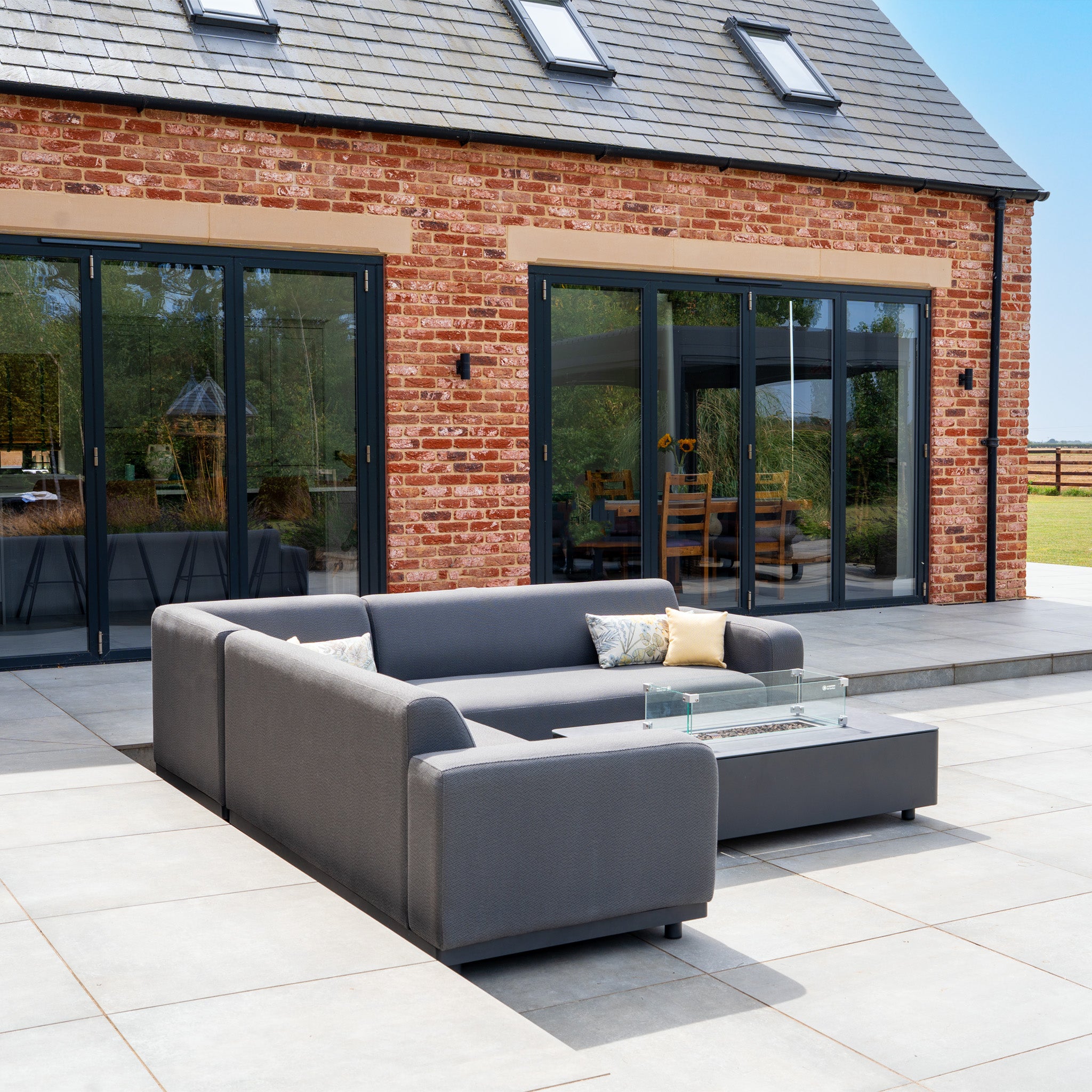 Luna Outdoor Fabric Corner Sofa Set with Firepit Coffee Table in Grey