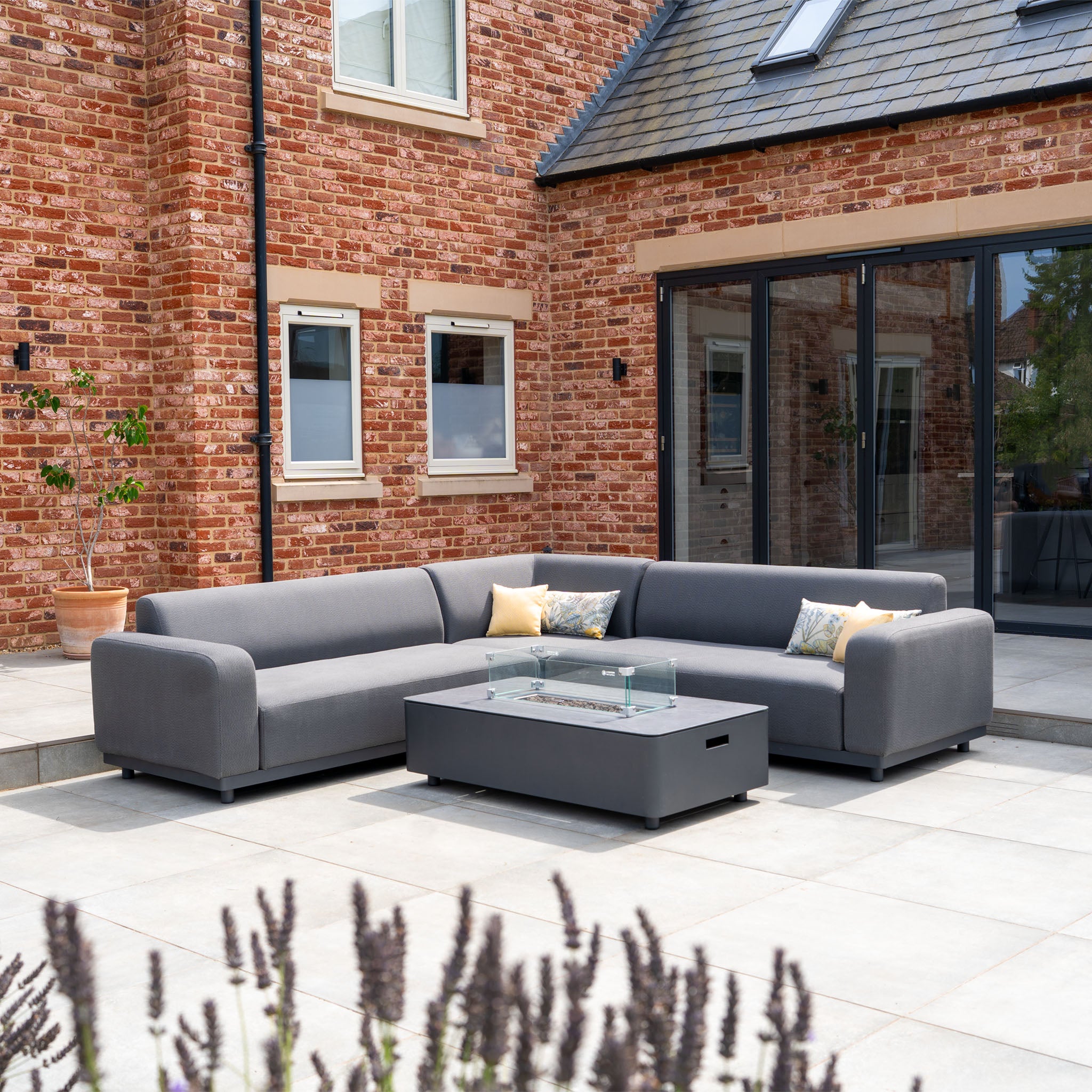 Luna Outdoor Fabric Corner Sofa Set with Firepit Coffee Table in Grey