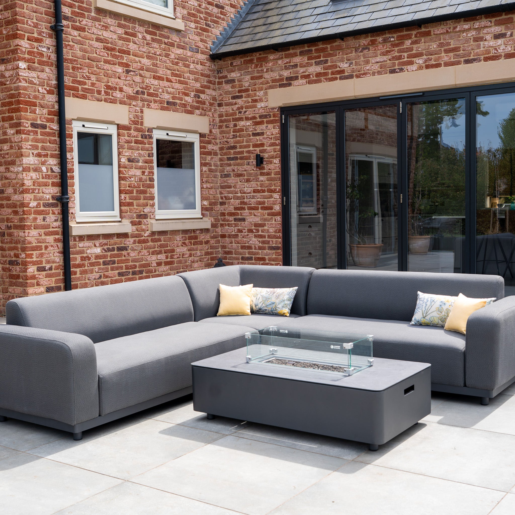 Luna Outdoor Fabric Corner Sofa Set with Firepit Coffee Table in Grey