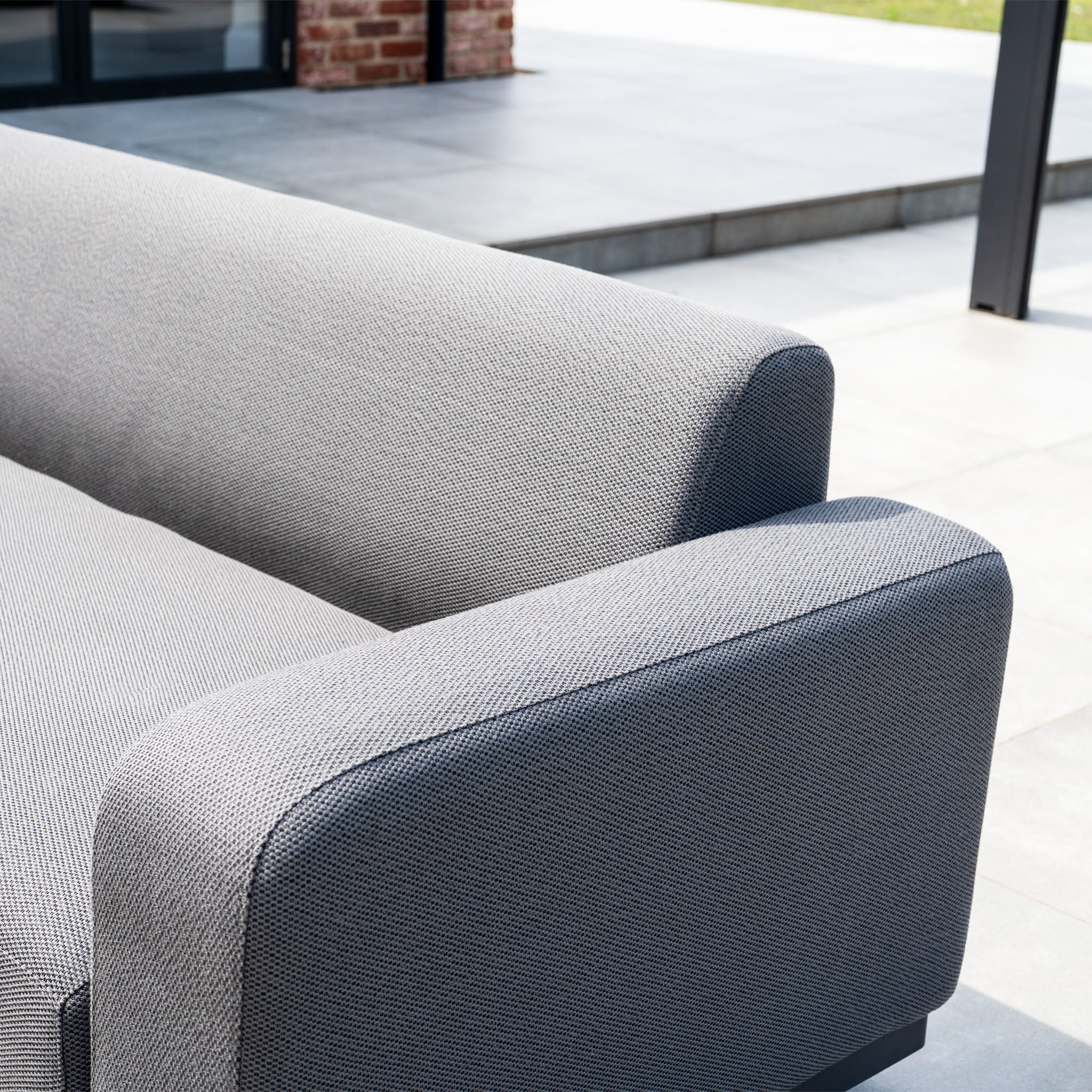 Luna Outdoor Fabric Large Corner Group Set with Firepit Coffee Table in Grey