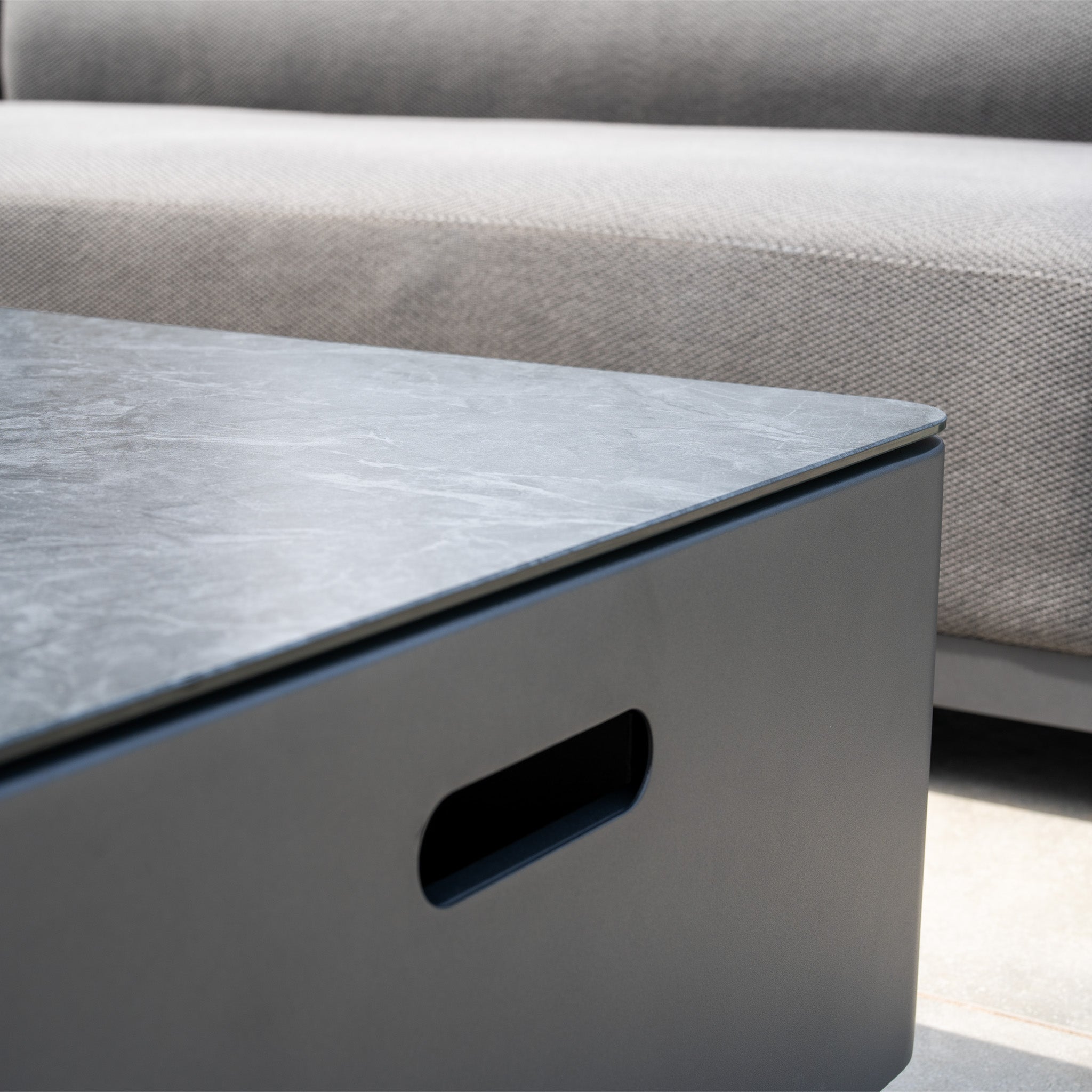 Luna Outdoor Fabric Large Corner Group Set with Firepit Coffee Table in Grey