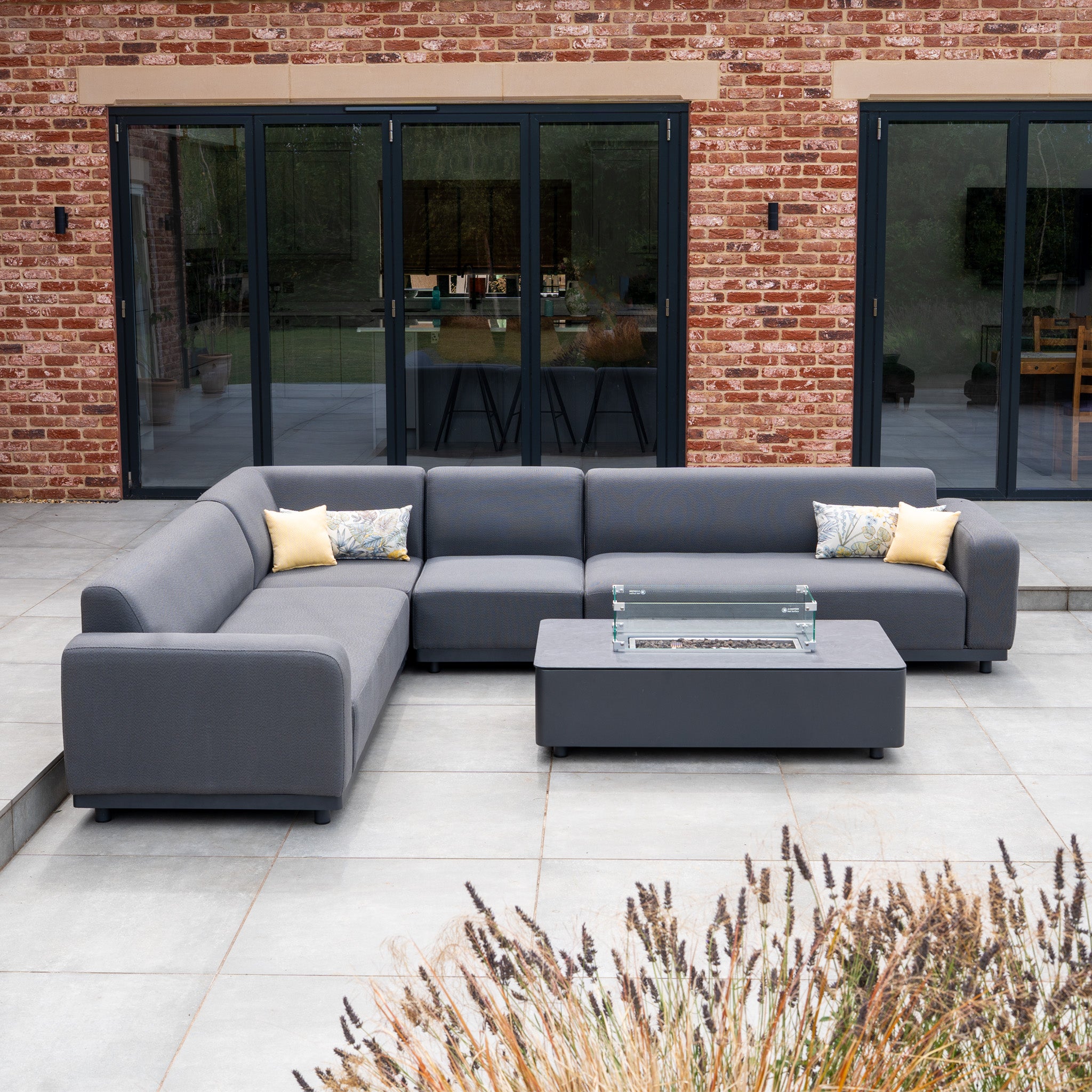 Luna Outdoor Fabric Large Corner Group Set with Firepit Coffee Table in Grey
