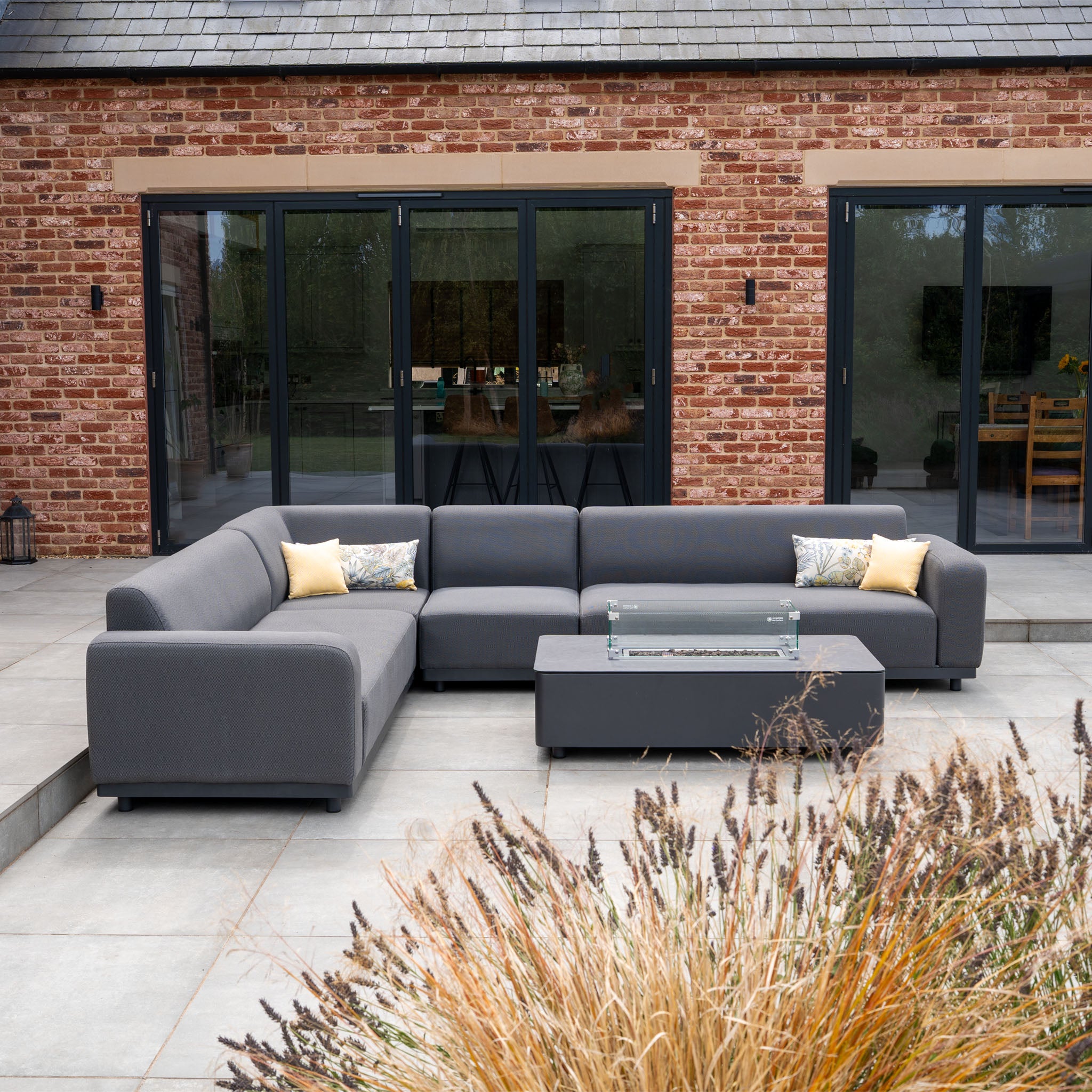Luna Outdoor Fabric Large Corner Group Set with Firepit Coffee Table in Grey