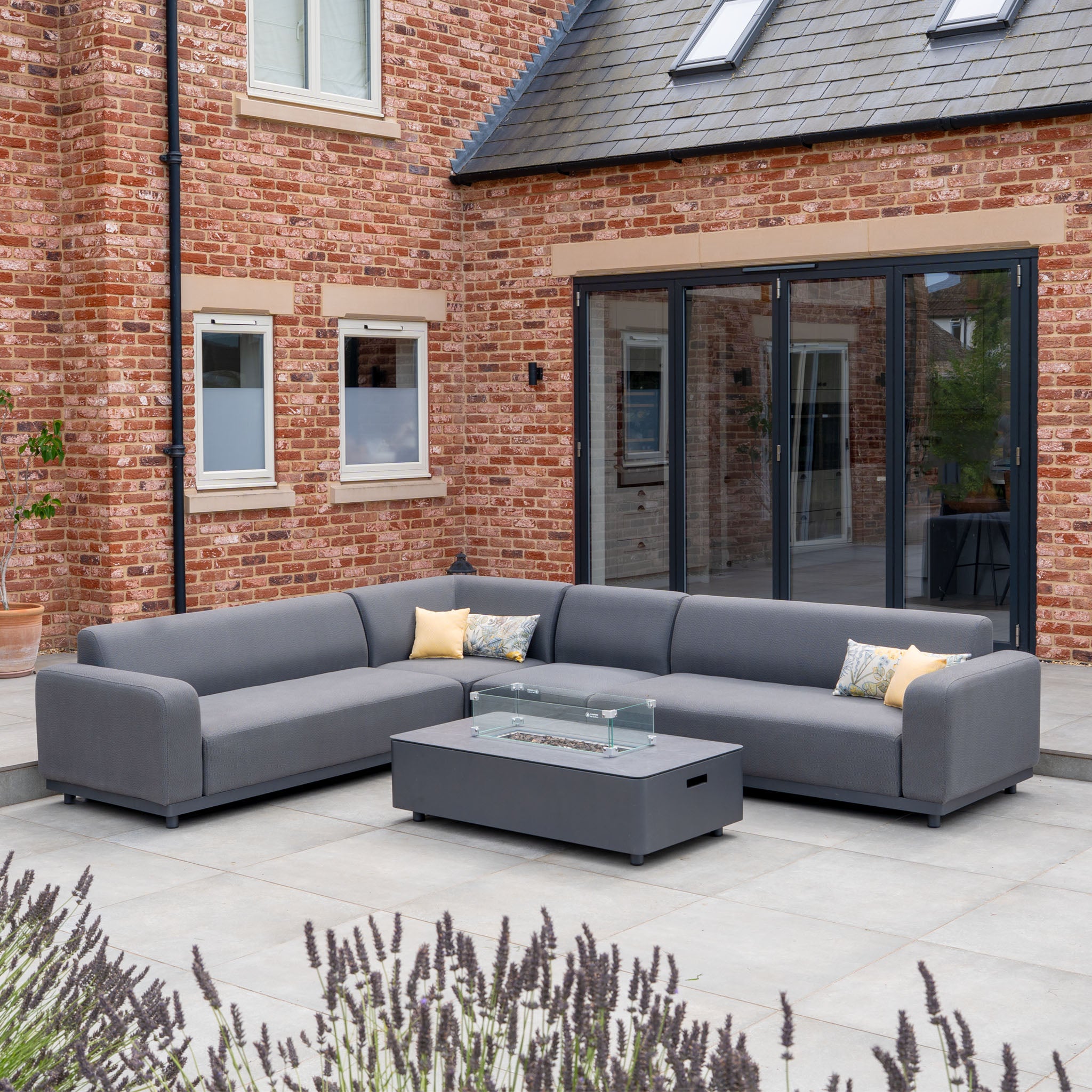 Luna Outdoor Fabric Large Corner Group Set with Firepit Coffee Table in Grey