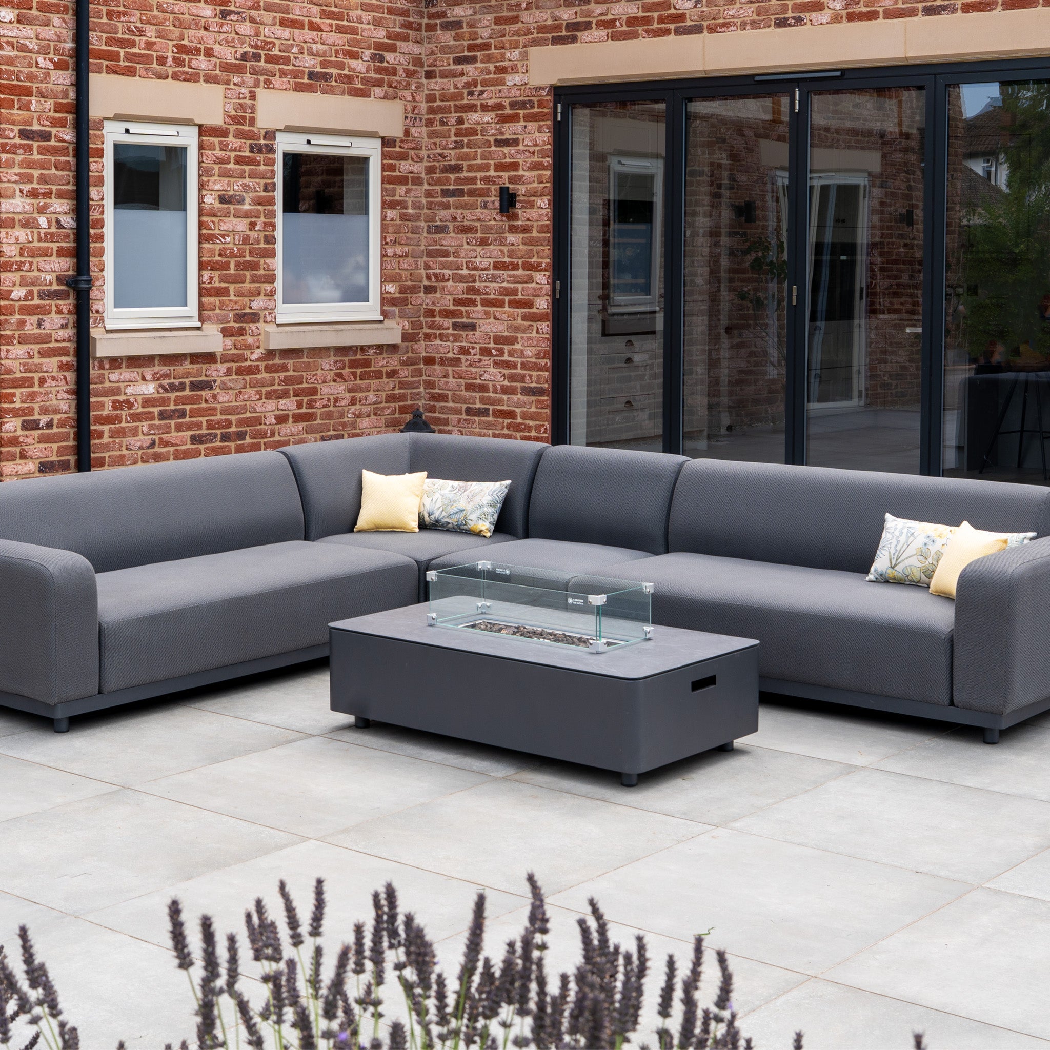 Luna Outdoor Fabric Large Corner Group Set with Firepit Coffee Table in Grey