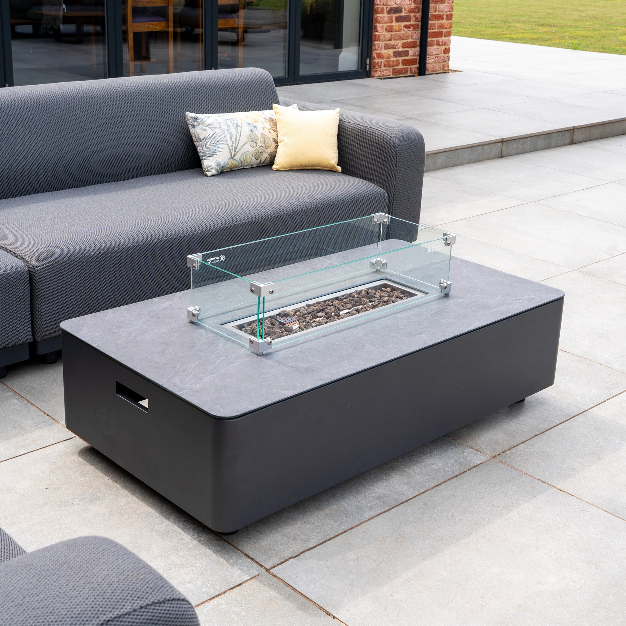 Luna Outdoor Fabric Large Corner Group Set with Firepit Coffee Table in Grey