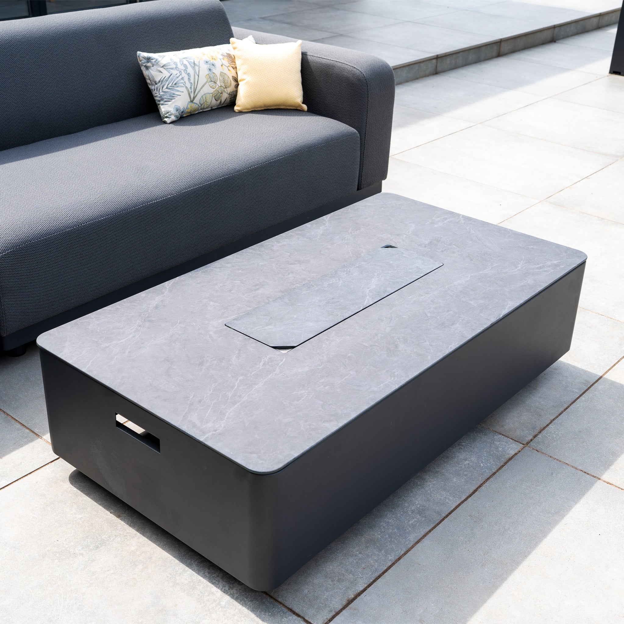 Luna Outdoor Fabric Large Corner Group Set with Firepit Coffee Table in Grey