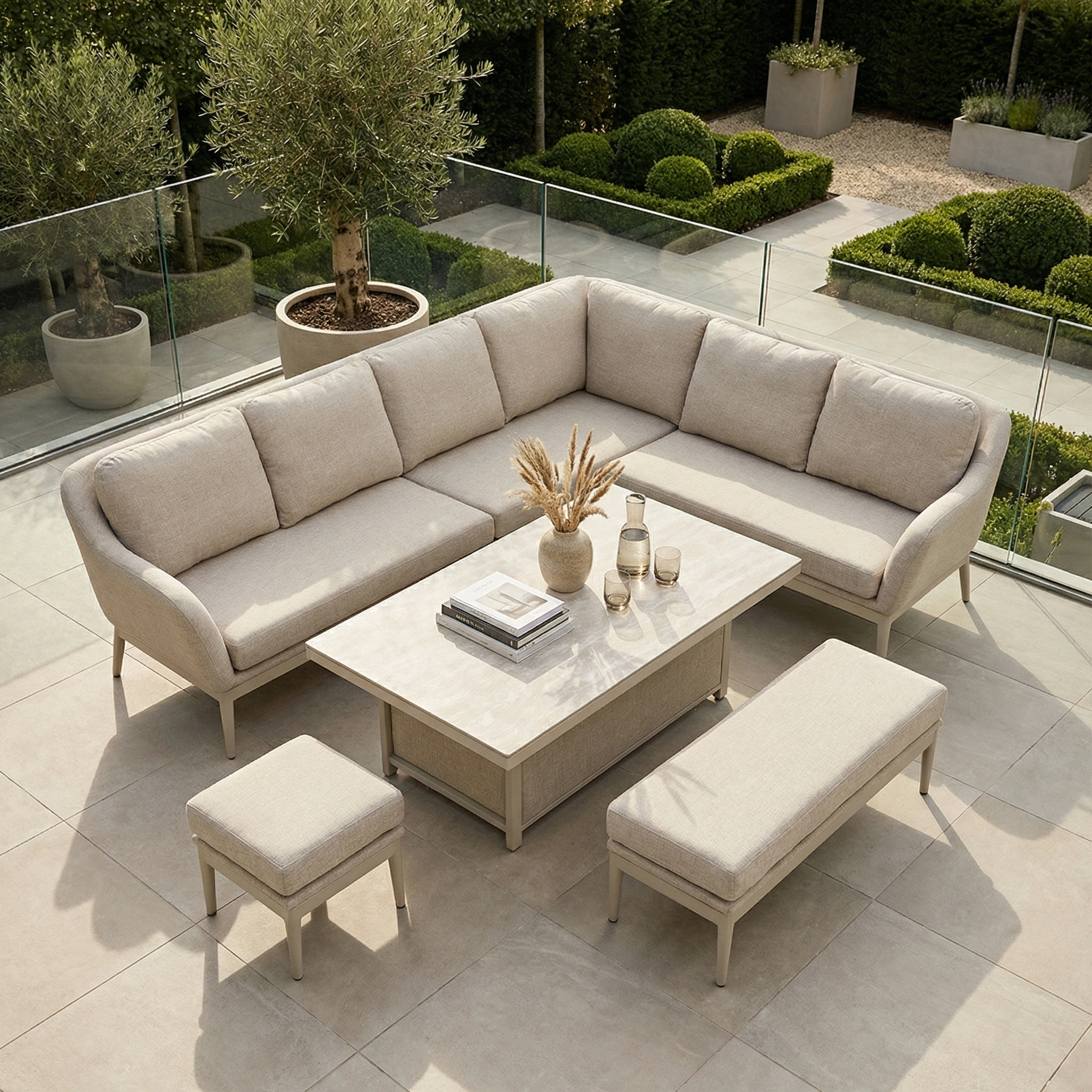The Luna Outdoor Fabric Rectangular Corner Dining Set with Rising Table in Fawn (Right Hand) features beige cushioned seating and a versatile corner sofa, perfect for modern tiled terraces.