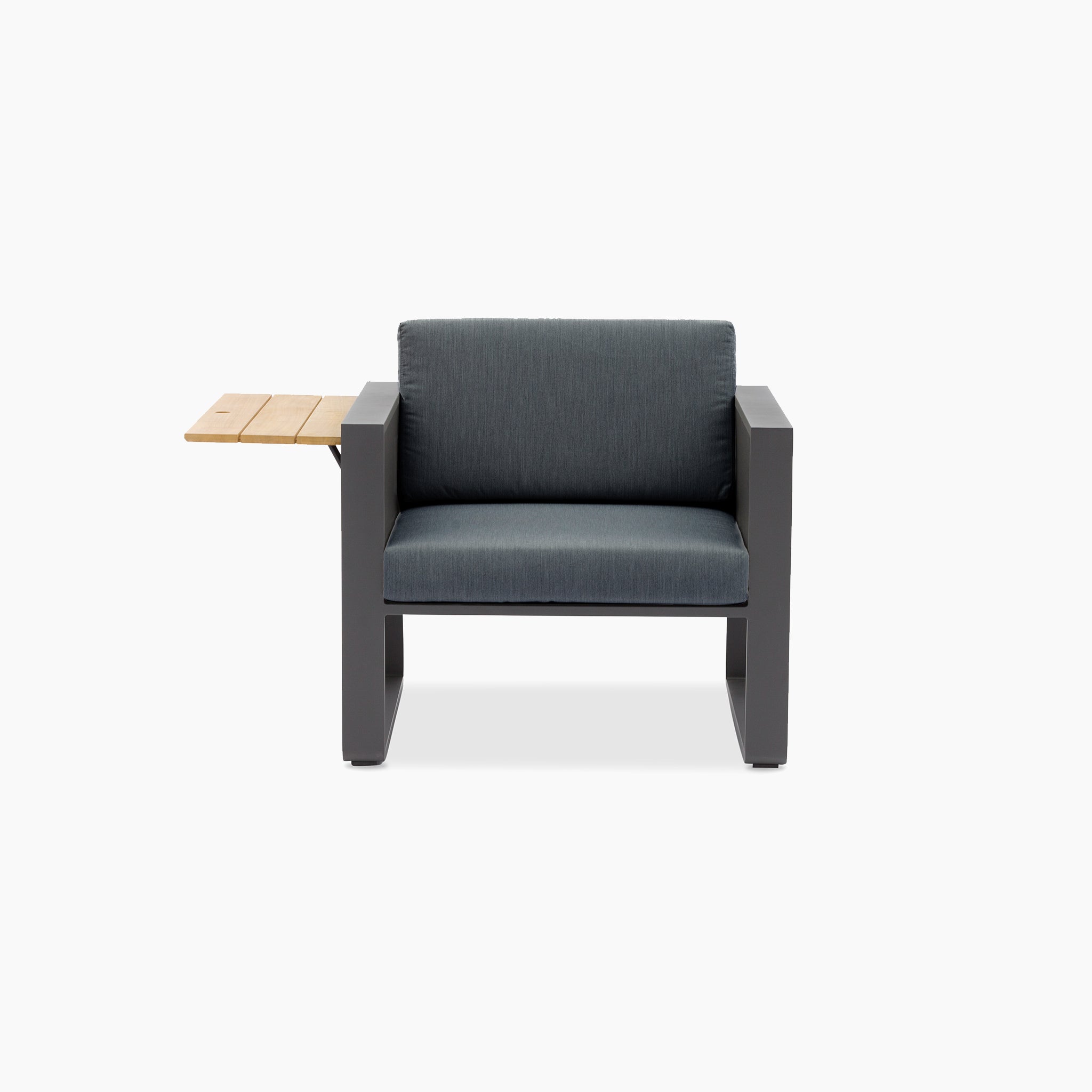 The Manhattan Armchair with Teak Gas Lift Arm in Charcoal features modern gray styling, Olefin seat cushions, and a side tray attached to the left armrest—ideal as stylish outdoor furniture against a white background.