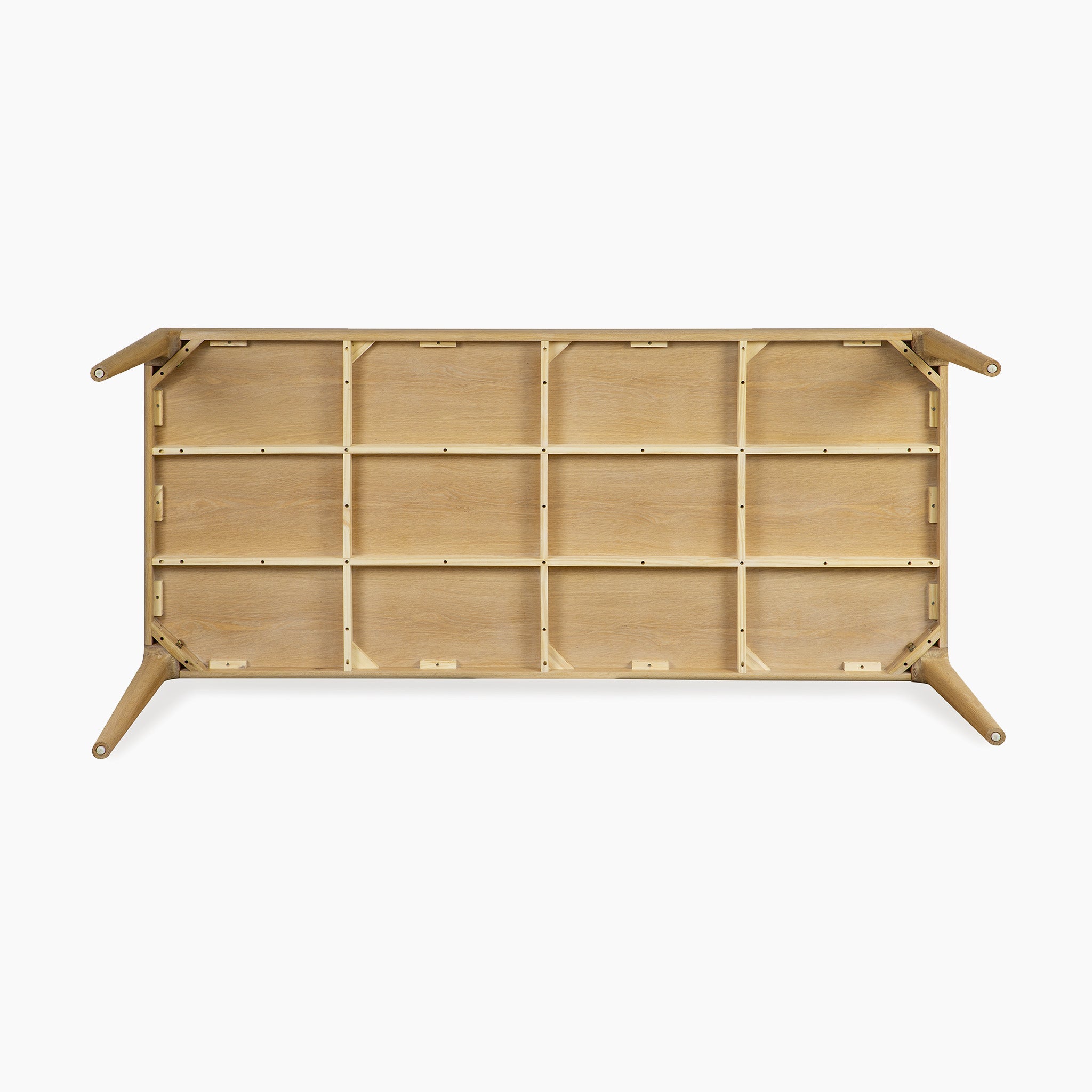 Rectangular wooden table flipped upside down, showing its solid light oak underside and angled legs—pair with the Marlow 8 Seat Dining Set with Wooden Benches in Light Oak for a cohesive look against a white background.