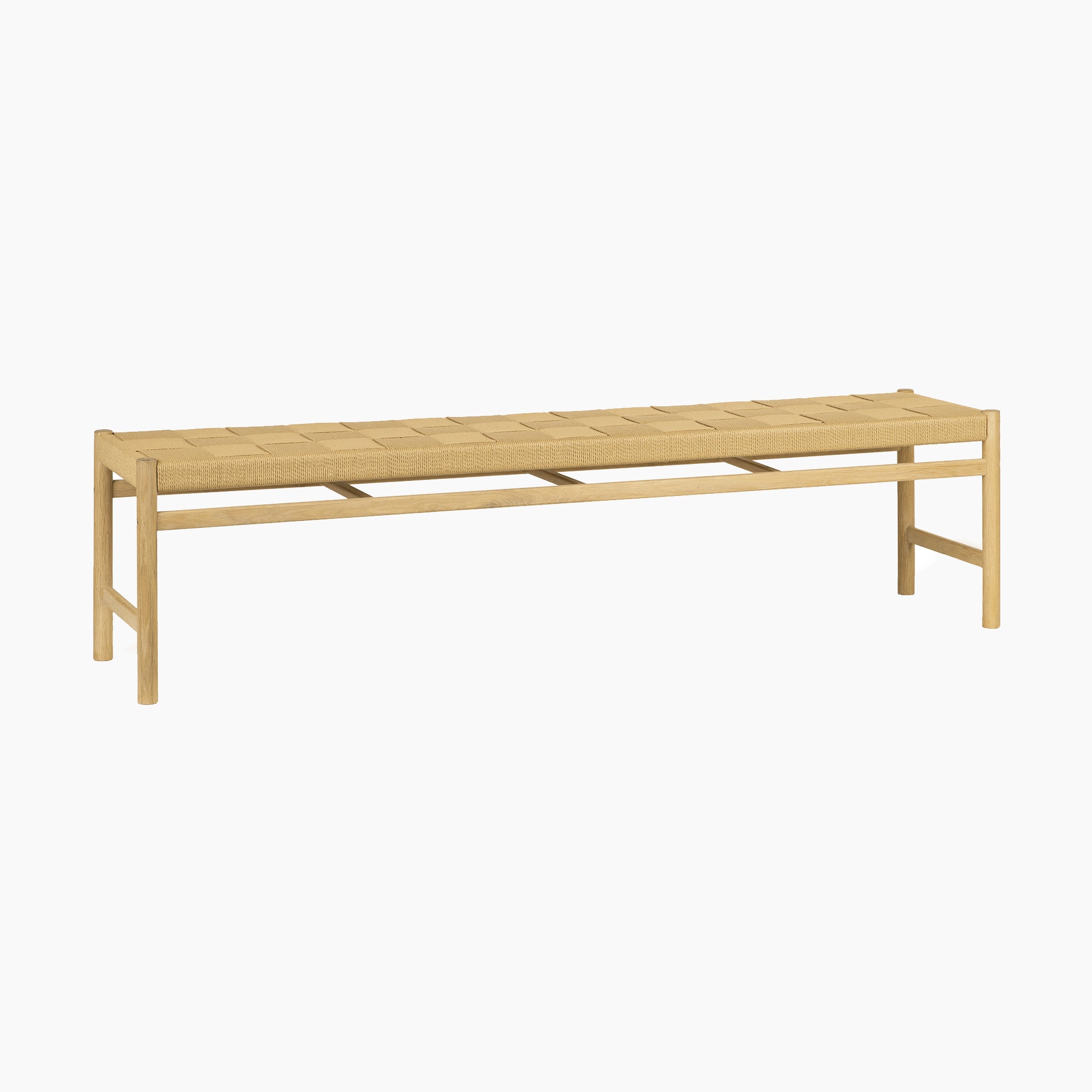 The Marlow 8 Seat Dining Set with Woven Bench in Light Oak features a minimalist rectangular bench in light wood, displayed on a white background for a clean, modern look. Perfect to complement any solid oak dining table.