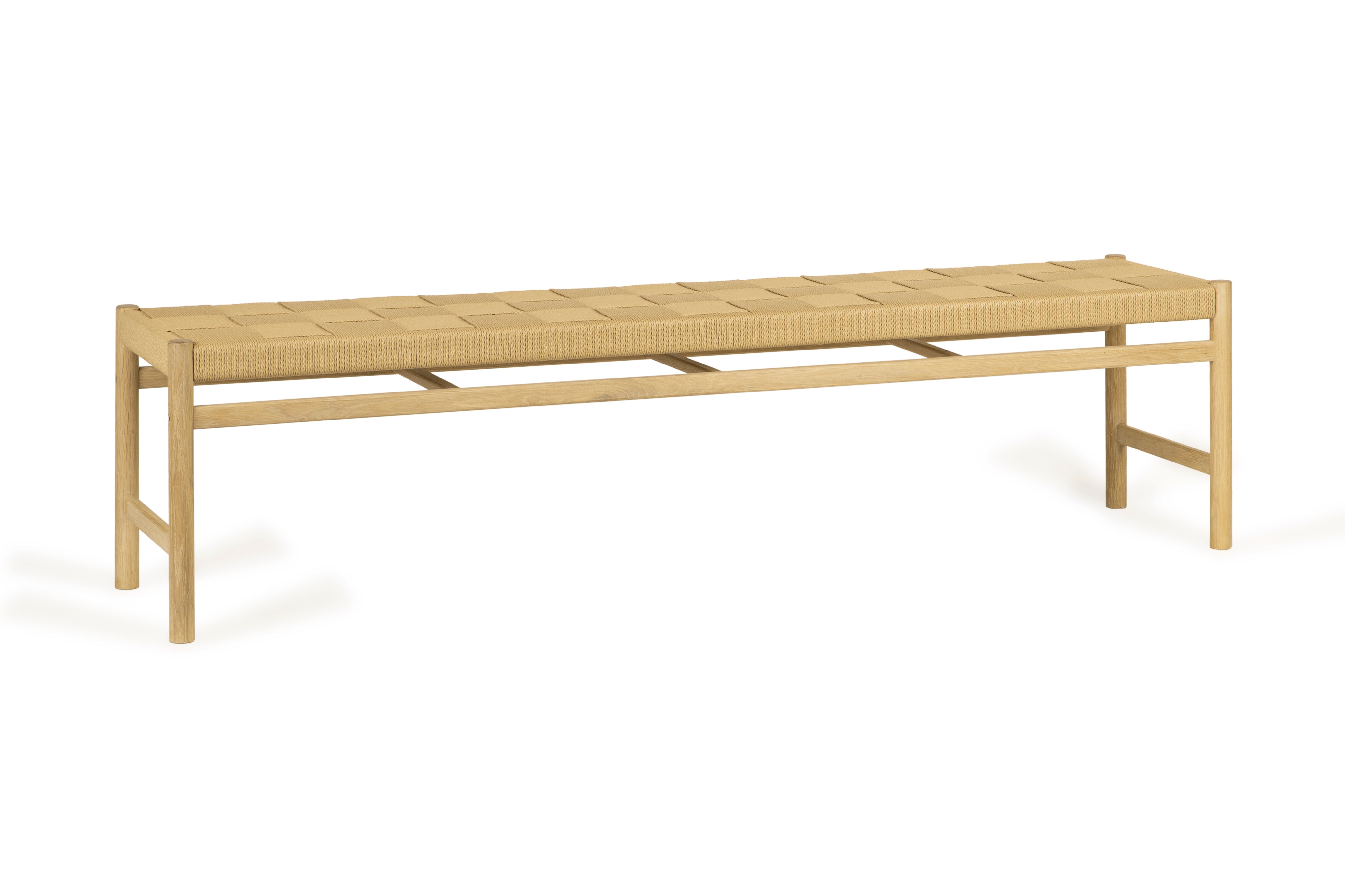 The Marlow 8 Seat Dining Set with Woven Benches in Light Oak features a minimalist wooden bench with a woven seat, ideal for dining spaces or as an addition to the complete set, shown on a white background.