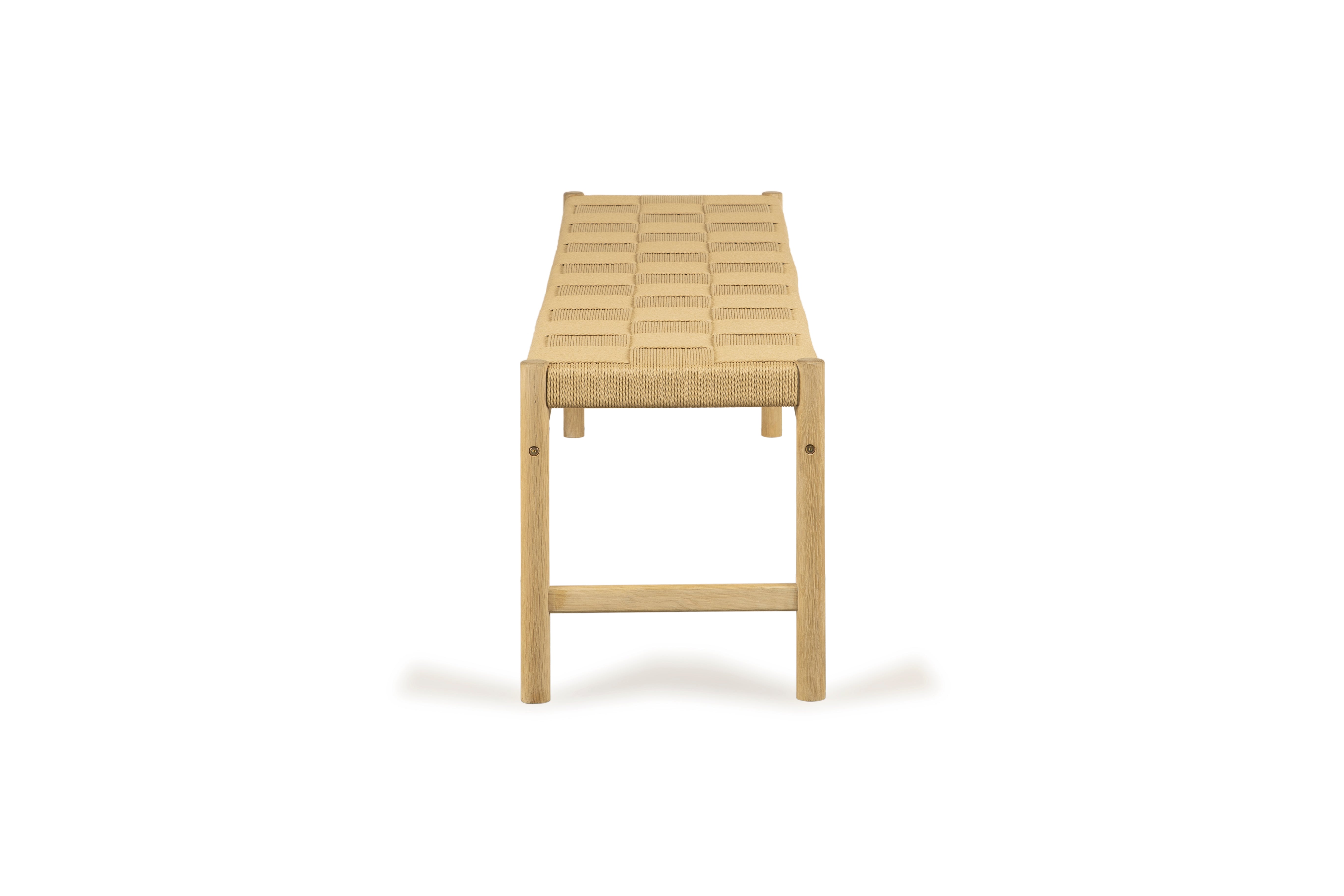 Light oak woven bench viewed from the front against a white background. Ideal alone or paired with the Marlow 8 Seat Dining Set with Woven Benches in Light Oak for versatile, stylish seating.
