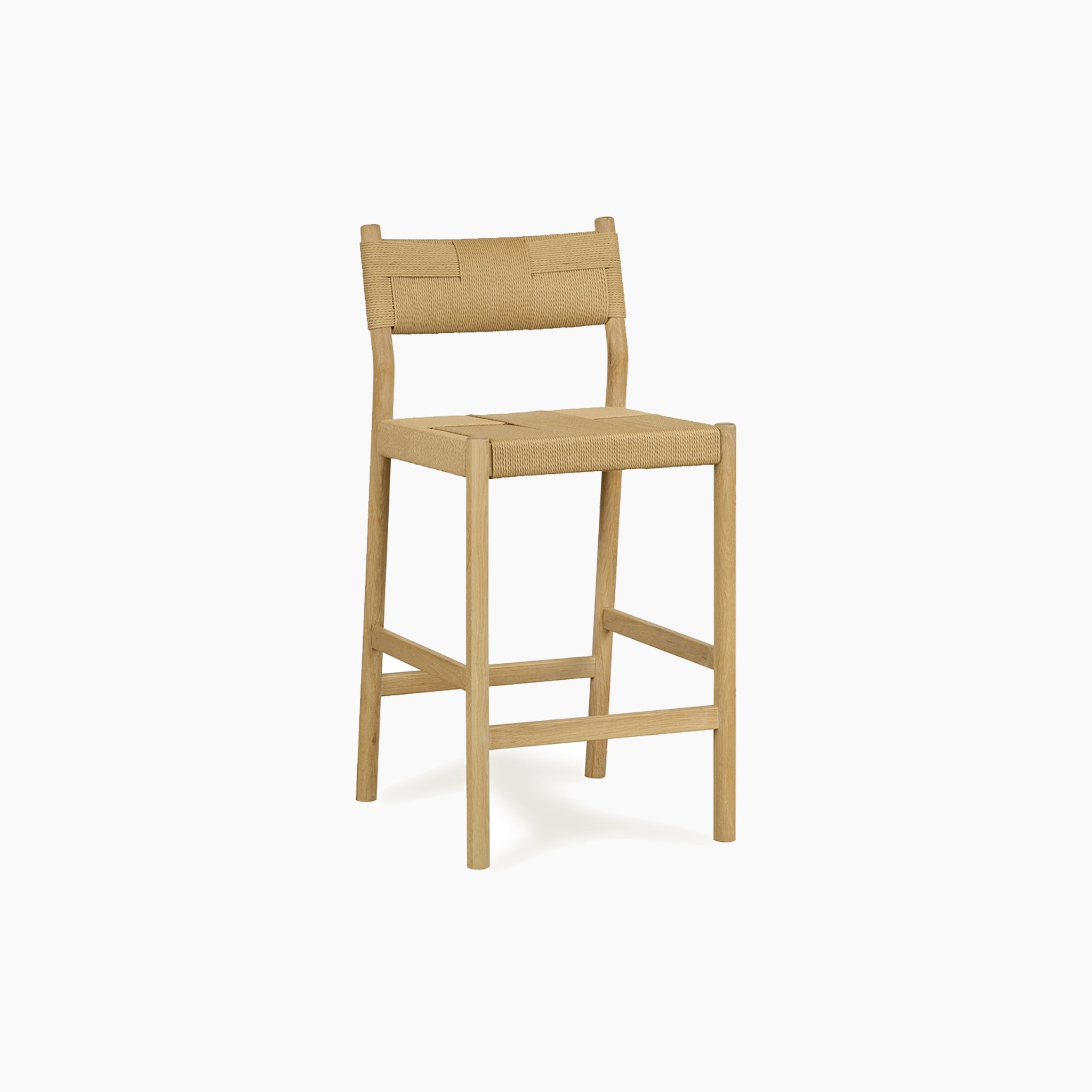 The Marlow Woven Bar Stool in Light Oak features a Danish cord seat and woven backrest, displayed against a plain white background.