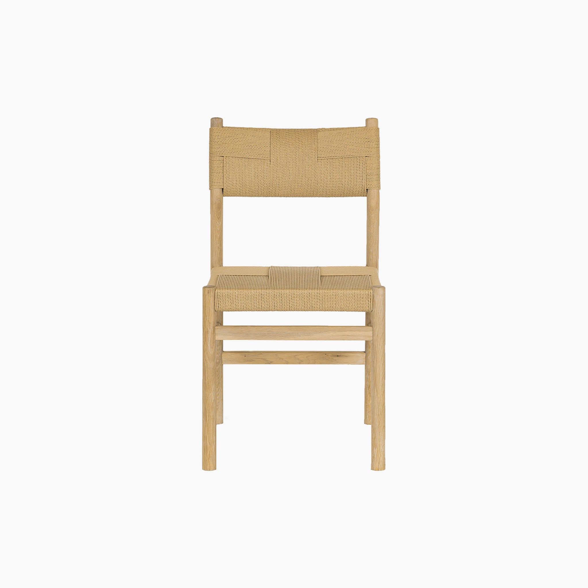 Front view of the Amberley 4 Seat Round Extending Dining Set featuring Marlow Woven Dining Chair in Light Oak, with a wooden frame and woven seat and backrest, showcased against a plain white background.