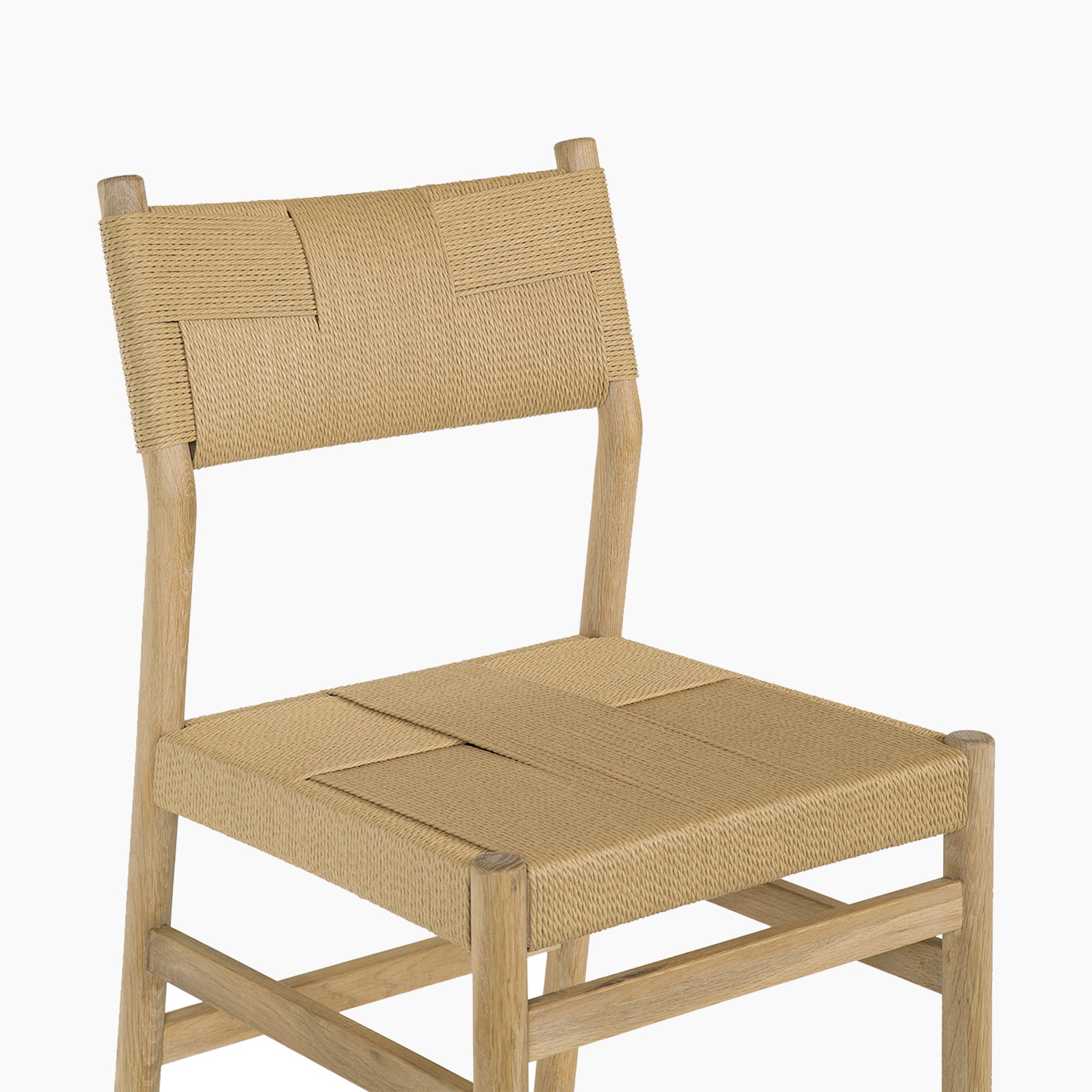 Amberley 4 Seat Round Extending Dining Set with Marlow Woven Dining Chair in Light Oak, featuring a wooden chair with woven rope seat and backrest, displayed against a plain white background.