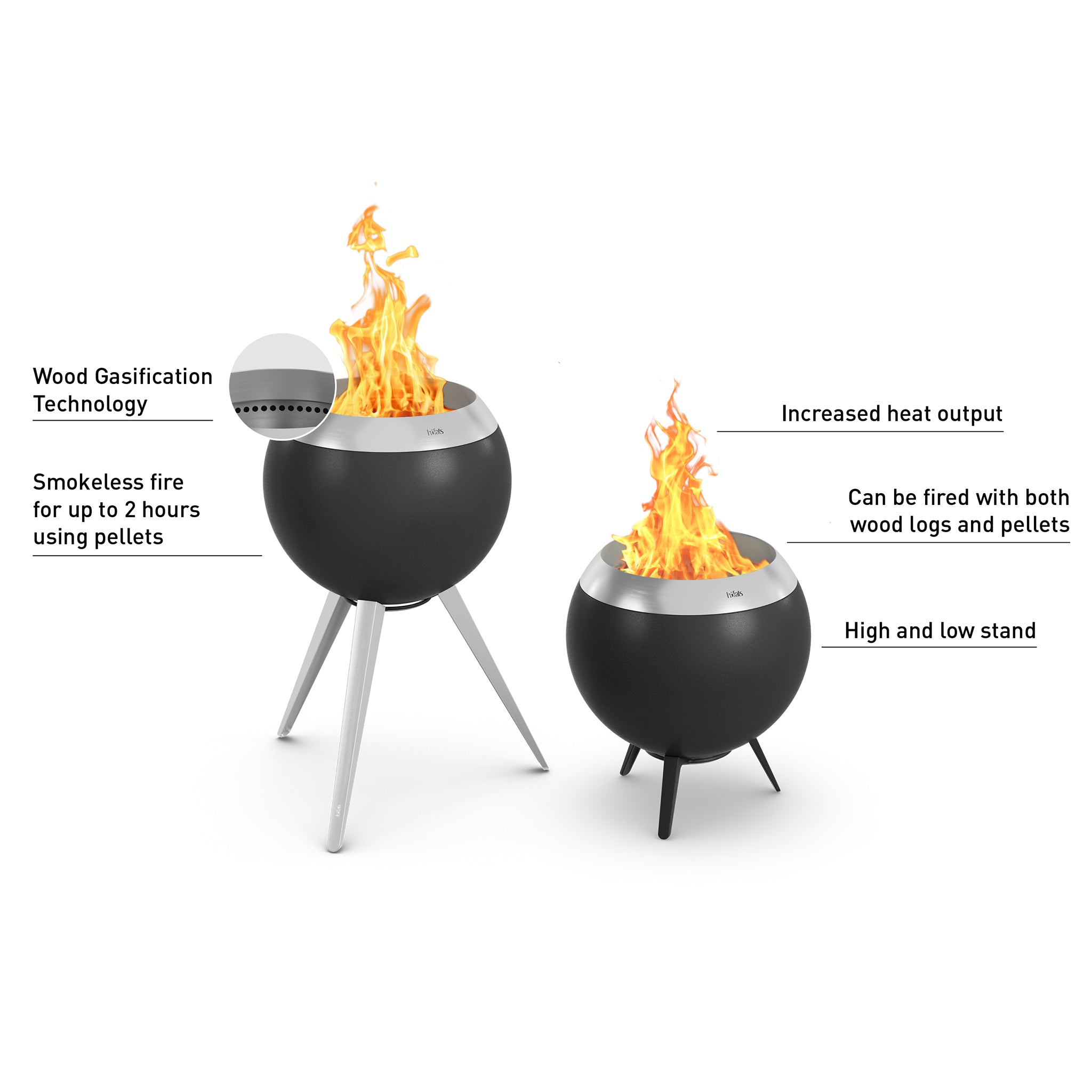 Two modern Höfats MOON 45 Fire Bowls with flames, one on a high stand and one on a short stand, featuring revolutionary combustion technology for enhanced performance.