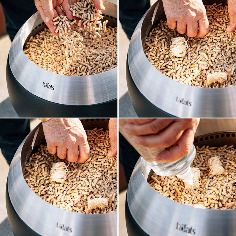 Four images featuring hands handling wood pellets inside a metal container with the brand name "Höfats" visible, showcasing the revolutionary combustion technology of the Höfats MOON 45 Fire Bowl with High Stand.