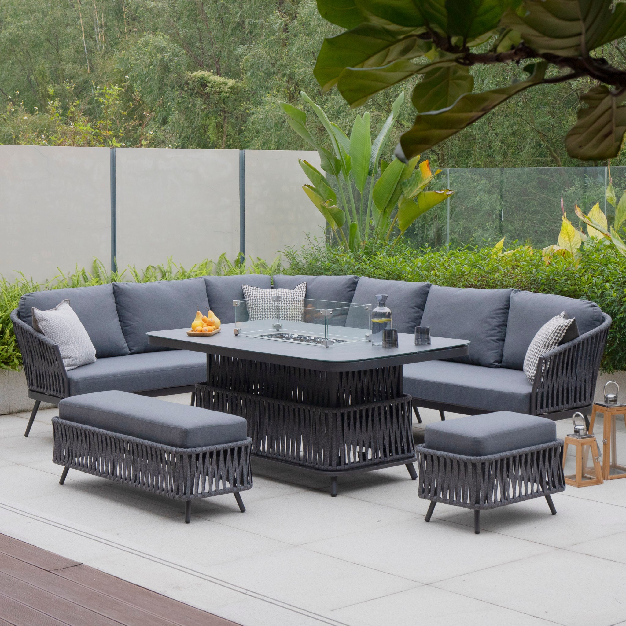 Monterrey Rope Rectangular Corner Dining Set with Rising Firepit Table in Grey (Left Hand)
