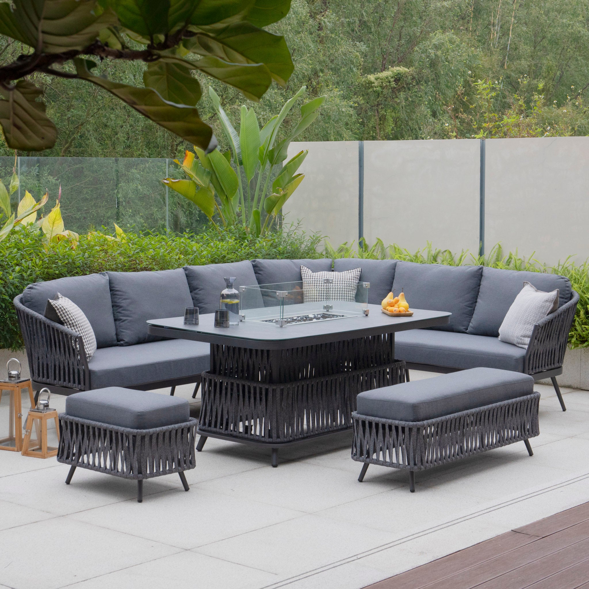Monterrey Rope Rectangular Corner Dining Set with Rising Firepit Table in Grey (Right Hand)