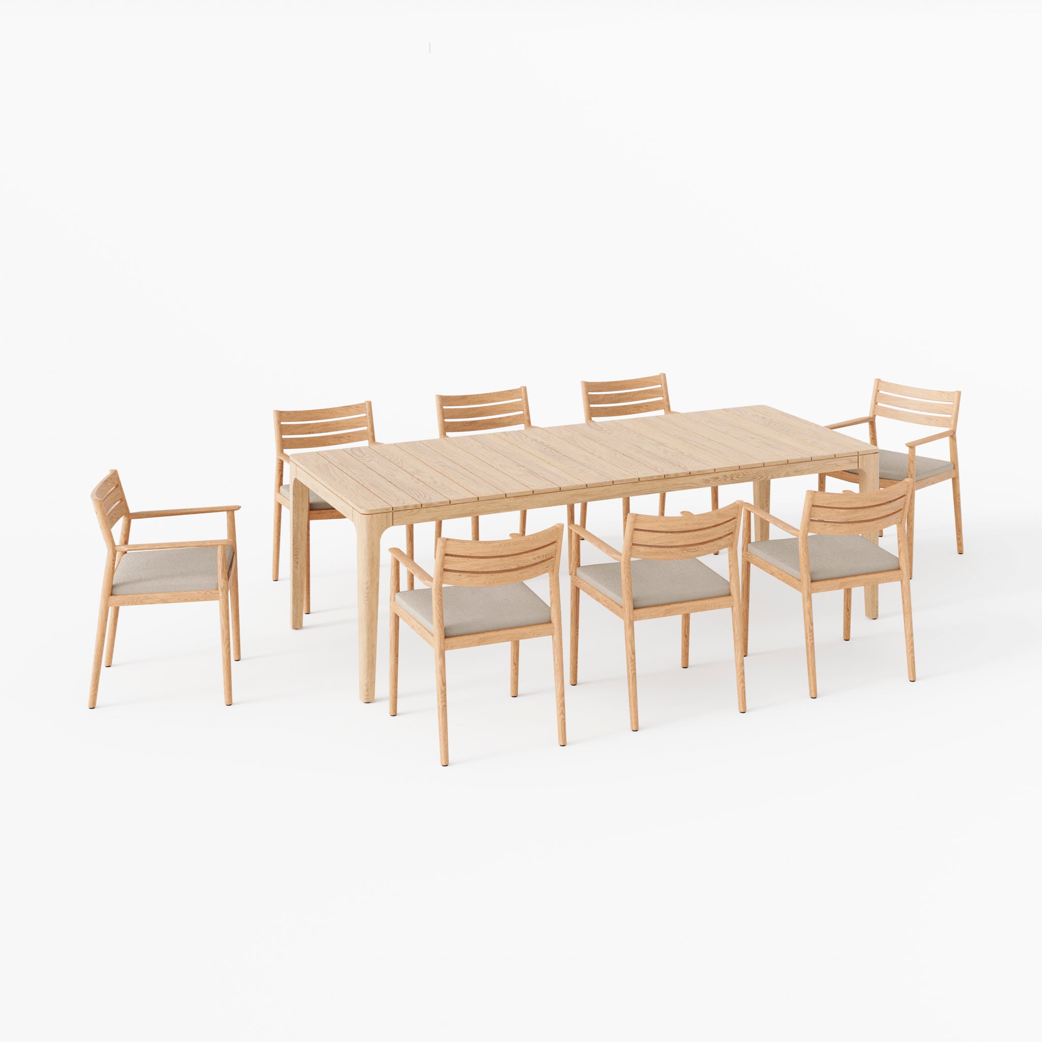 The Siena 8 Seat Rope Dining Set in Fawn features a teak table with eight matching chairs on a white background, offering style and durability for any occasion.