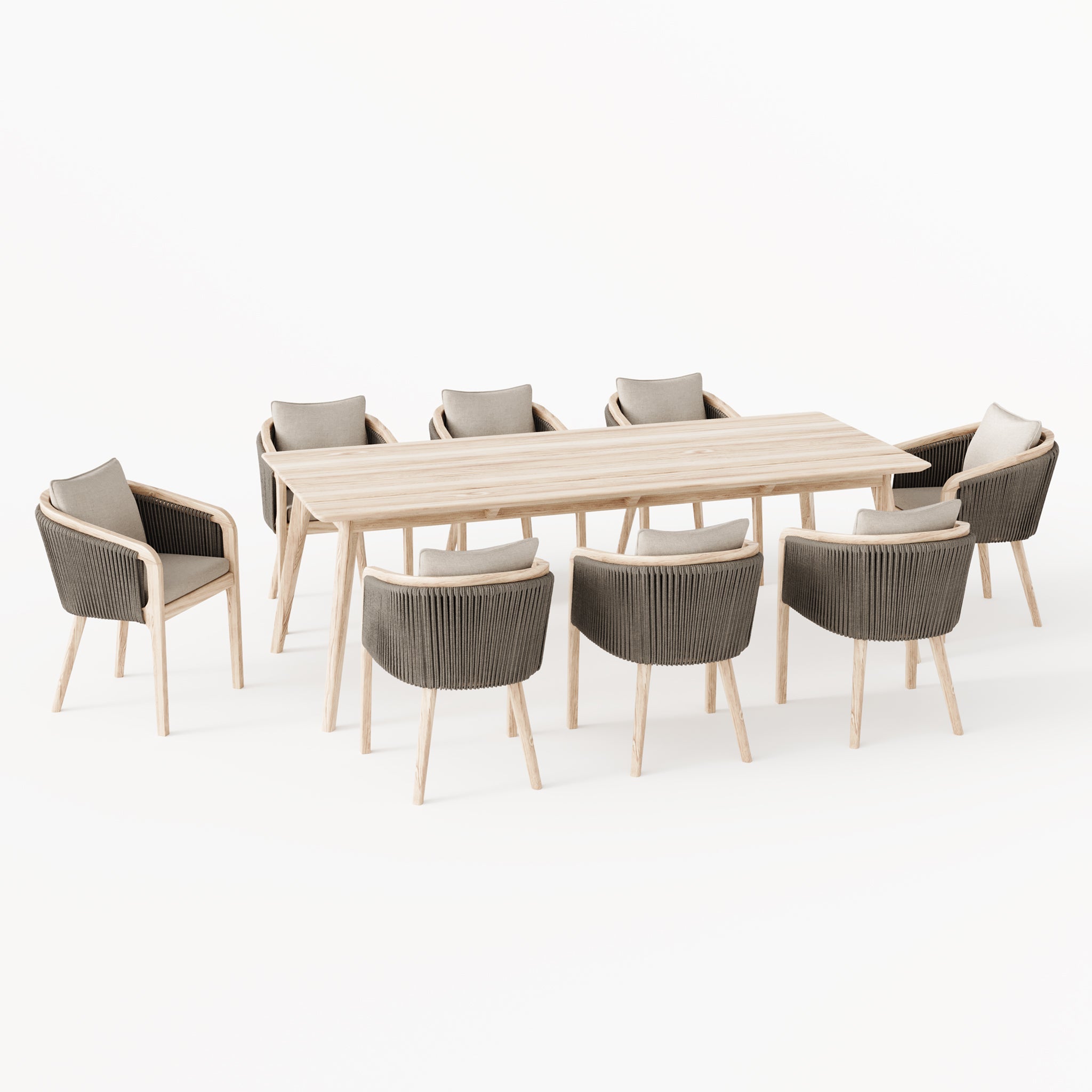 Explore the Evora 8 Seat Rectangular Dining Set in Mocha, which includes a light teak table and eight cushioned chairs. The elegant mocha rope detailing stands out beautifully on a white backdrop.
