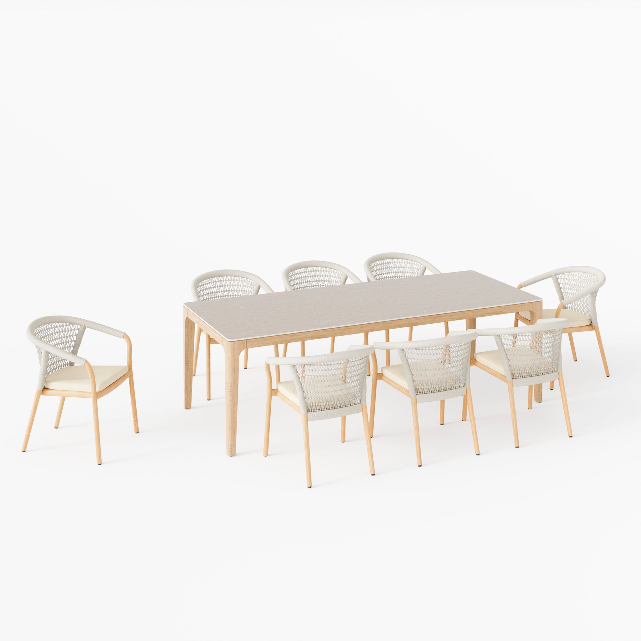 Introducing the Sora 8 Seat Rope Dining Set with Ceramic Top Table in Stone: a beautifully crafted wooden dining table with a refined light gray ceramic top, paired with eight elegantly designed teak chairs against a pristine white backdrop.