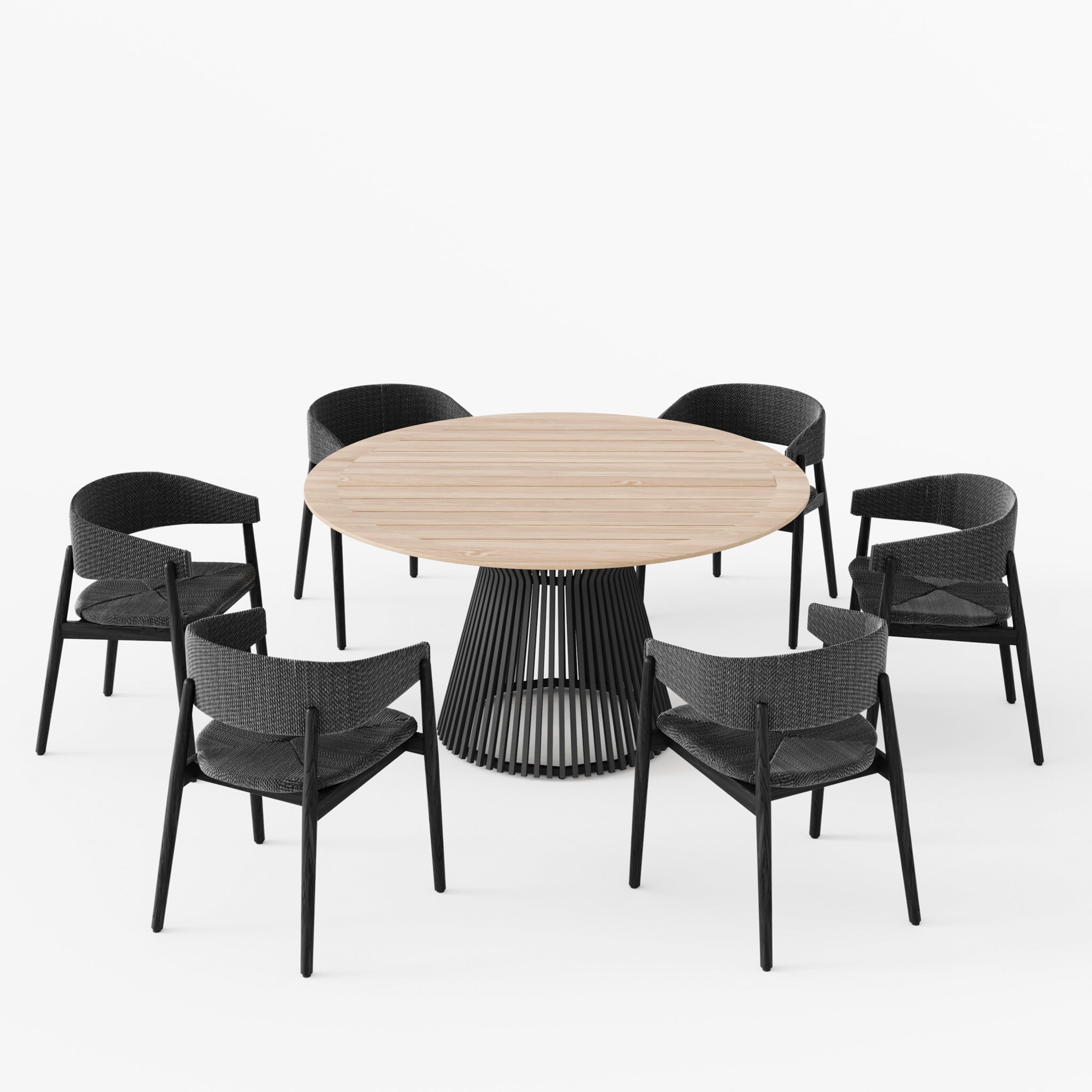 Enhance your outdoor dining with the Lucca 6 Seat Dining Set, featuring a teak round table with a black metal base and six black woven chairs. Its handcrafted elegance suits any patio or garden against a pristine white backdrop.