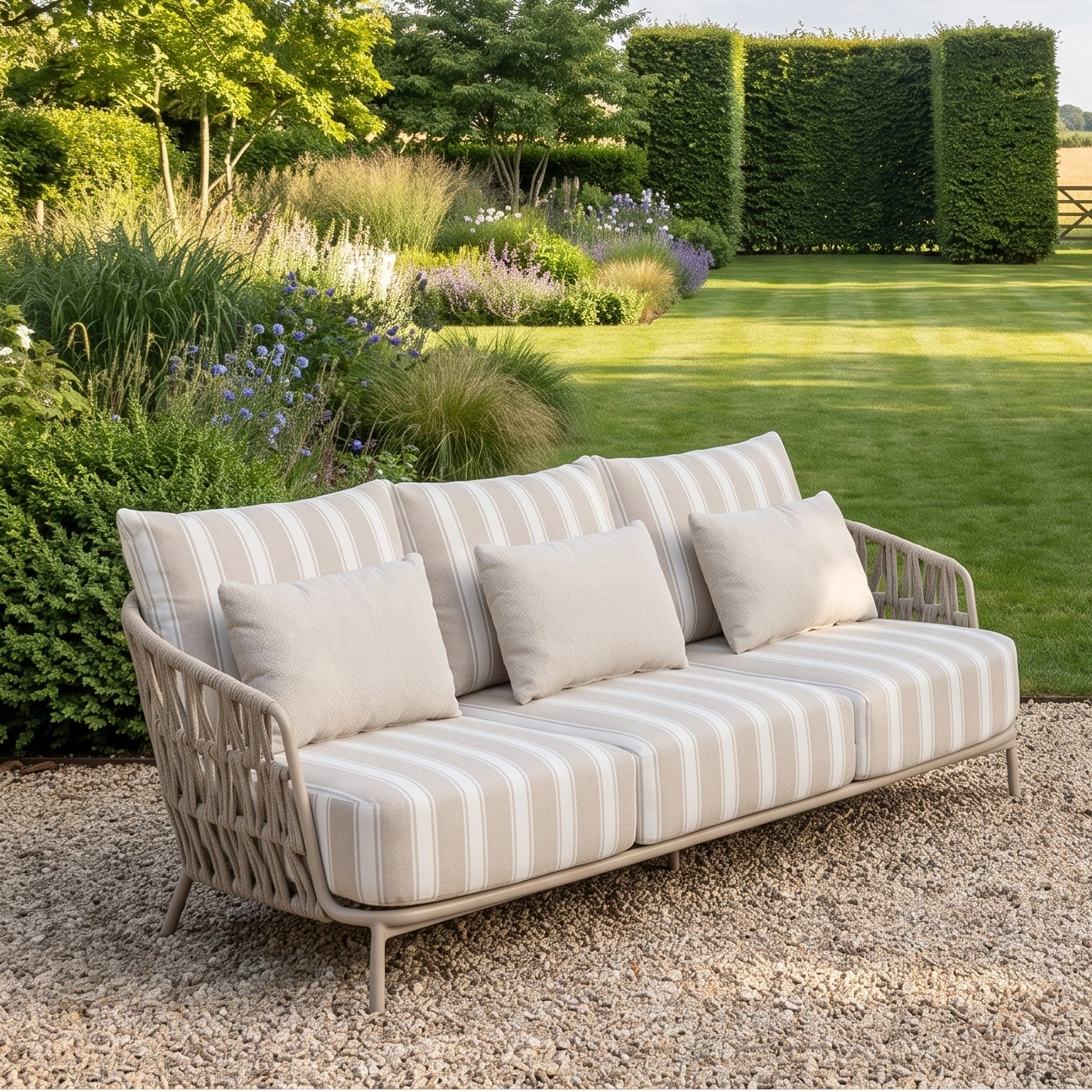 Set amidst lush green grass and manicured hedges, the Madeira 3 Seat Sofa in Striped Latte (Ex Display) features comfortable cushions atop a beige striped frame, making it the ideal garden furniture for relaxing outdoors on gravel or patio.
