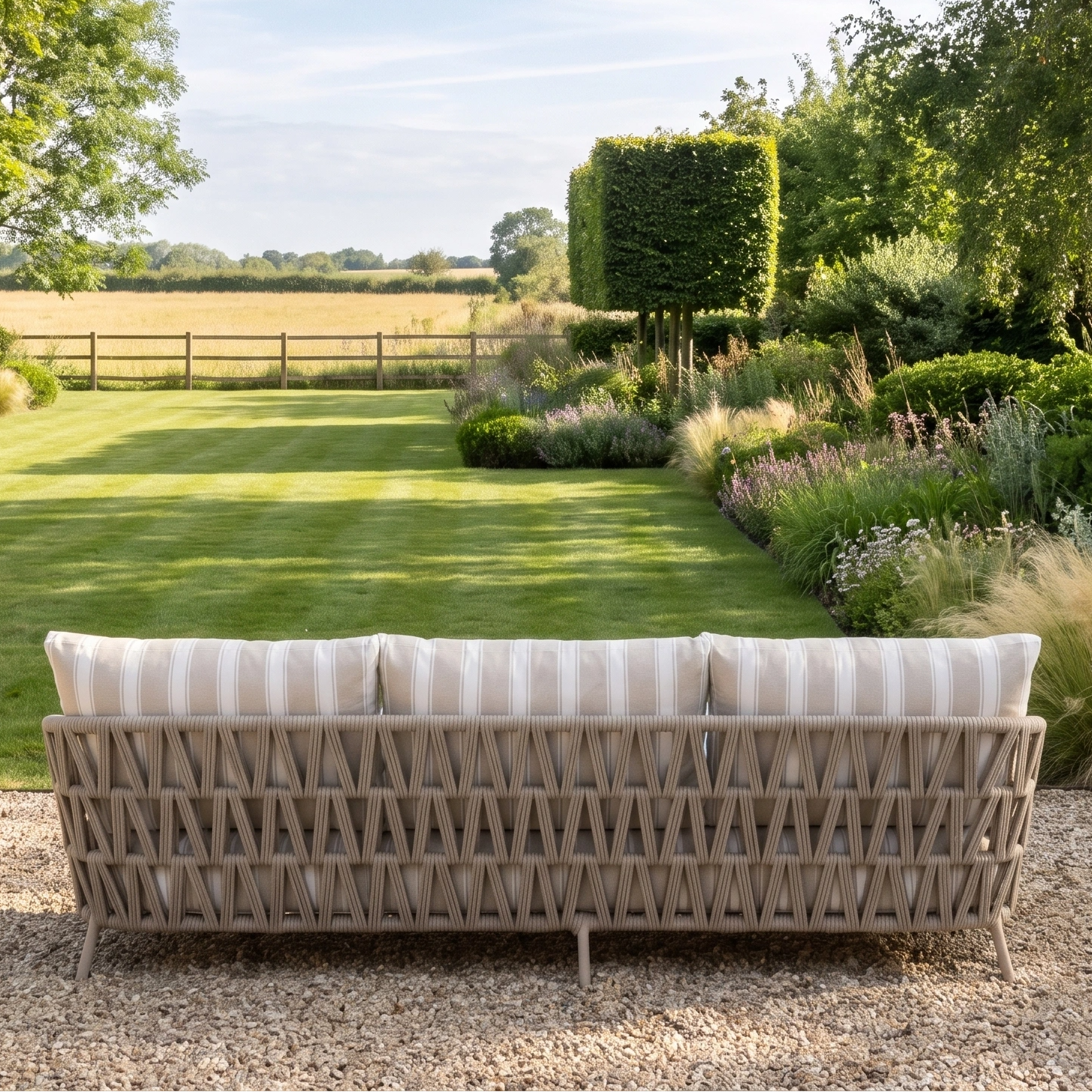 The Madeira 3 Seat Sofa in Striped Latte (Ex Display) faces a lush green lawn and landscaped garden on a sunny day, creating the perfect spot for relaxing with this stylish piece of garden furniture.