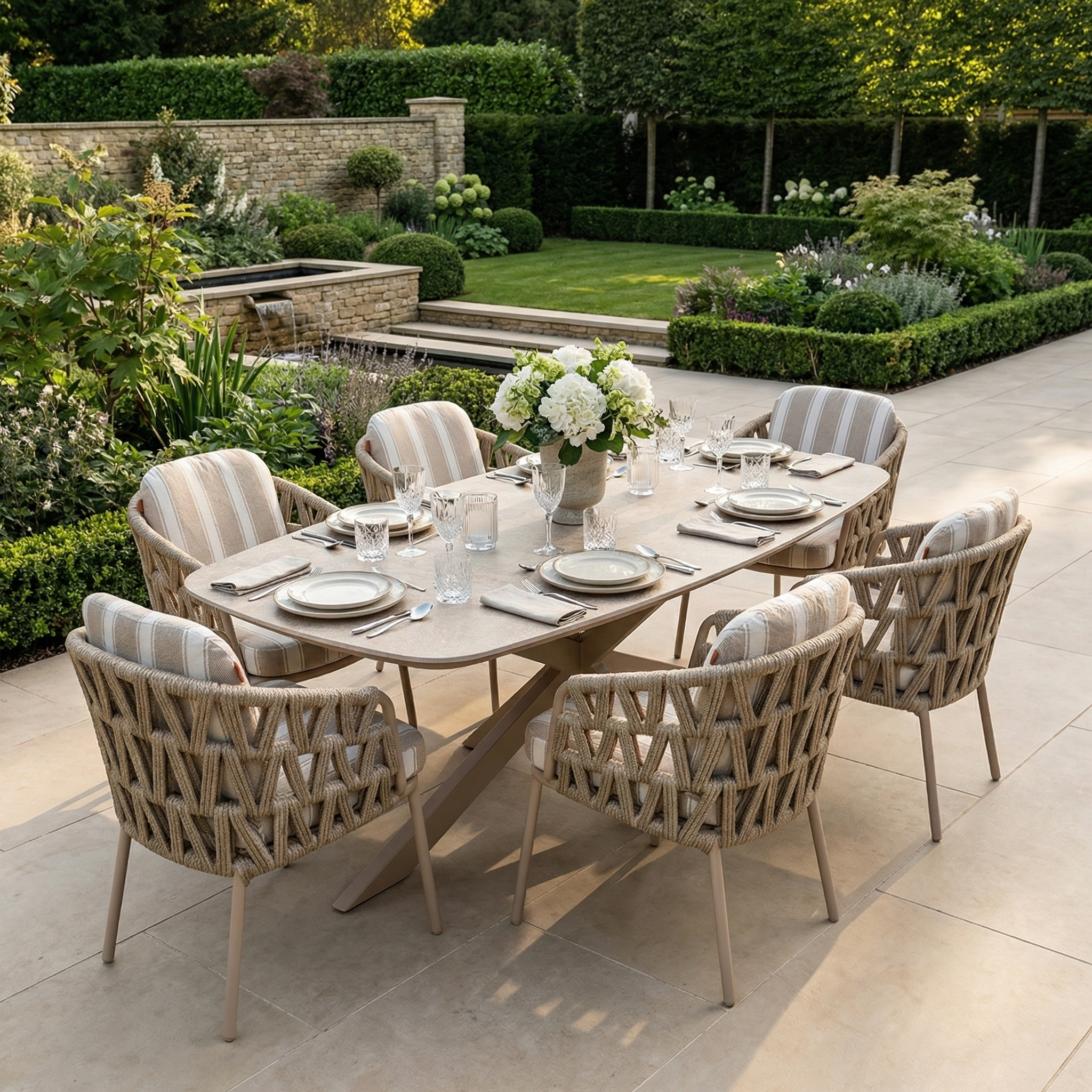 The Madeira 6 Seat Curved Rectangular Dining Set in Striped Latte features a powder-coated aluminium table and striped chairs for six, with a flower centerpiece, perfect for patio dining in a landscaped garden.